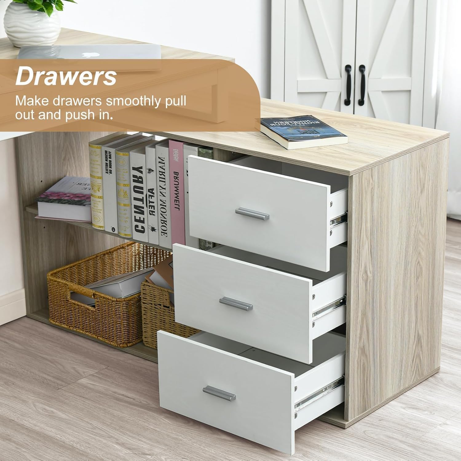 55 Inch L Shaped Desk with 3 Drawers, White Desk with Storage Shelves, Home Office Desk with Monitor Stand, White and Walnut