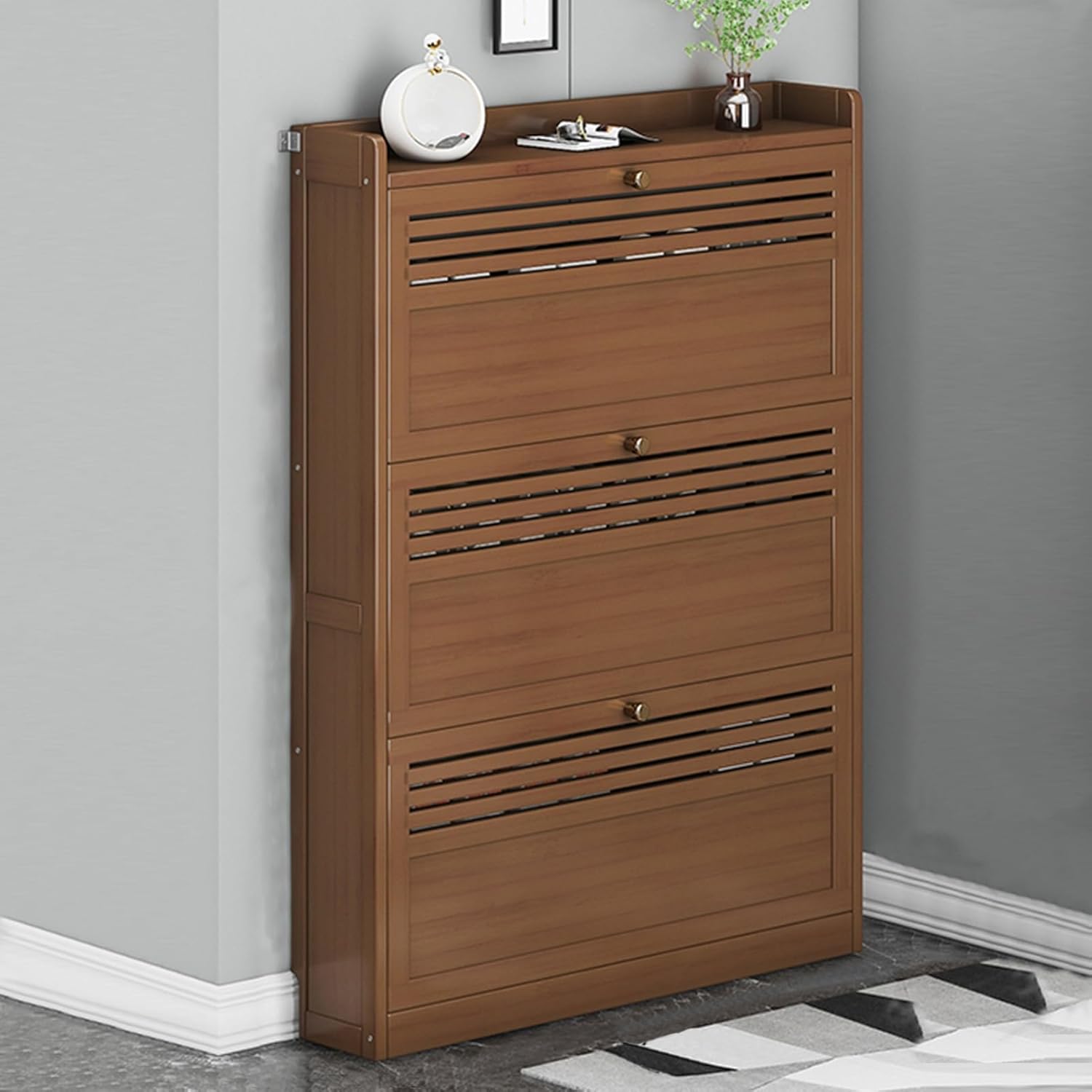 Shoe Storage Cabinet Cabinets Hallway Slim Cupboard Cupboards Hallways Slimline，3-Tier Shoe Storage, Hallway Shoe Racks Storage, Shoe Cabinet with 3 Flip Doors, Wooden Storage Cupboard, Slim