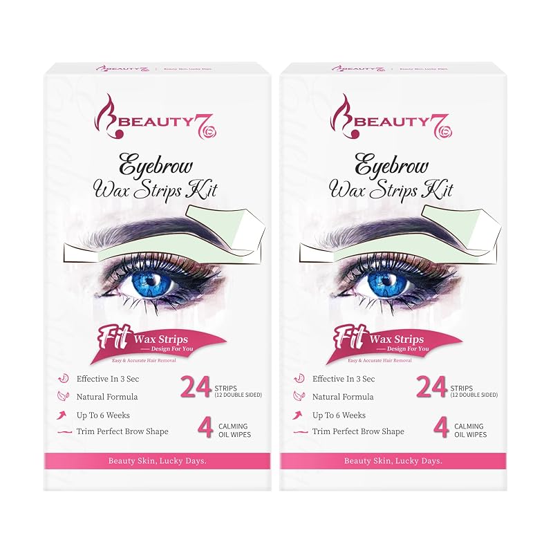Beauty7 Tiras de cera facial para sobrancelhas e buço, Pacote com 24 tiras e 4 lenços com óleo