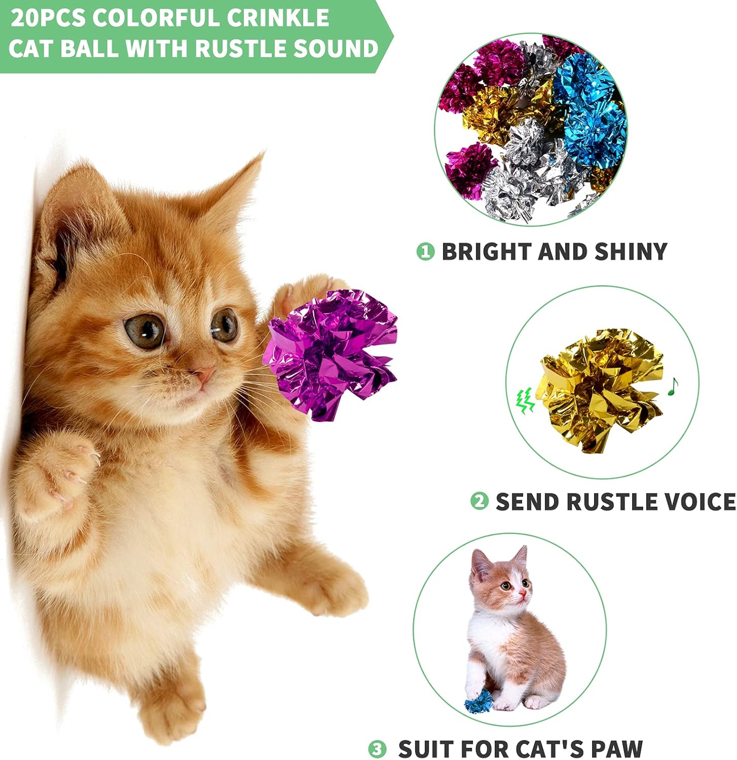 WSYUB 40Pcs Crinkle Balls Cat Toy and Spring- 20Pcs Mylar Crinkle Ball Cat Toy, 10Pcs Sparkle Ball Tinsel Pom Poms Glitter, 10 Plastic Spring Cat Toy, Richful Cat’s Favorite Toy Set for Interacting : Pet Supplies