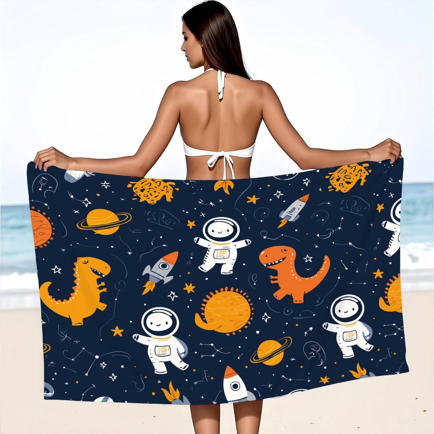Lustig, Cartoon Strandtuch 200 x 145 cm – Saugfähiges Schnell trocknendes Strandtuch Raumanzüge, Dinosaurier, Raketen, Weltraum für Campen, Picknick, Ausflüge