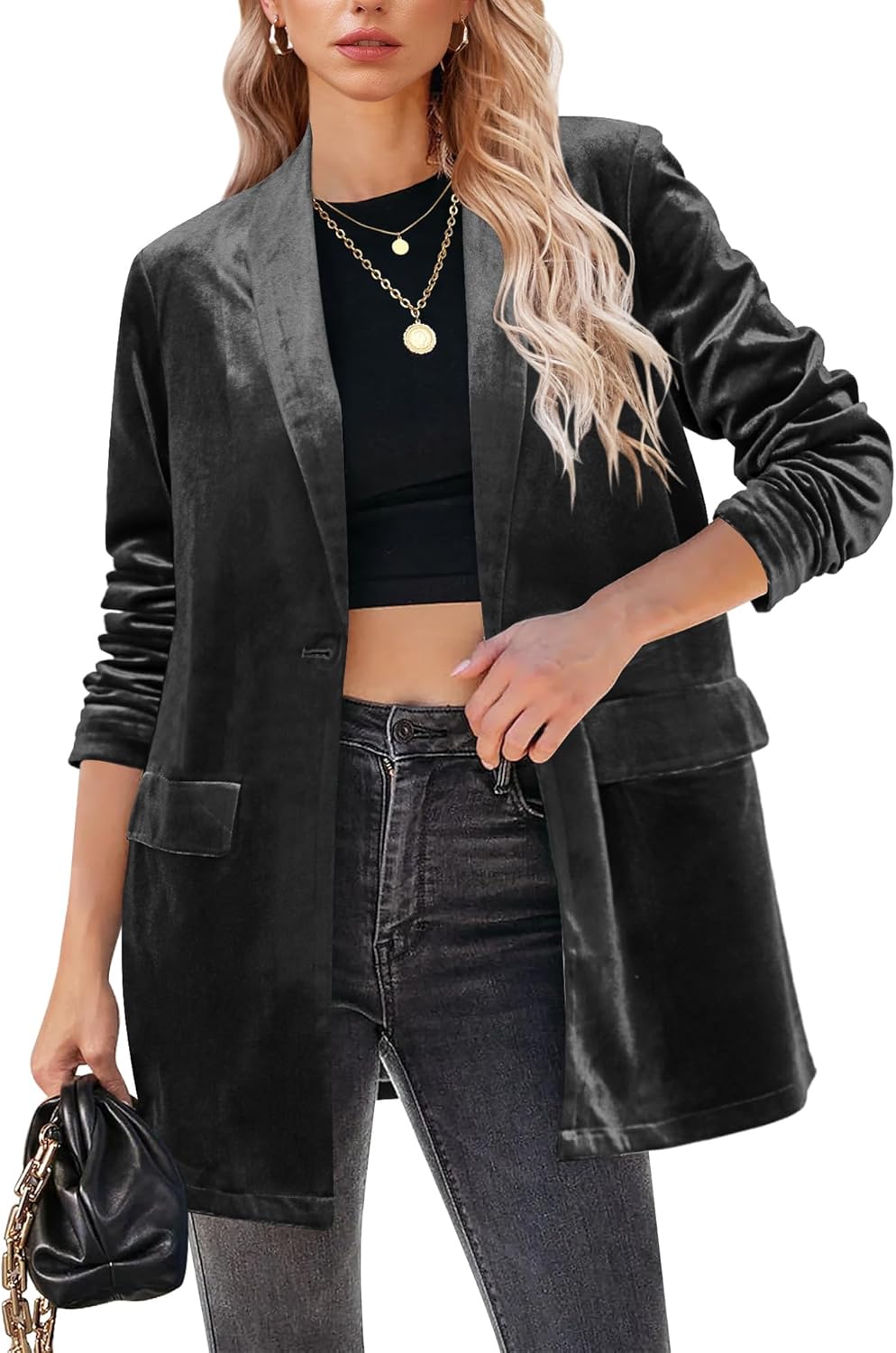 GRAPENT Velvet Blazers Jackets for Women Business Casual Oversized Long Suit Jacket Dressy Cardigan Blazer Work Office