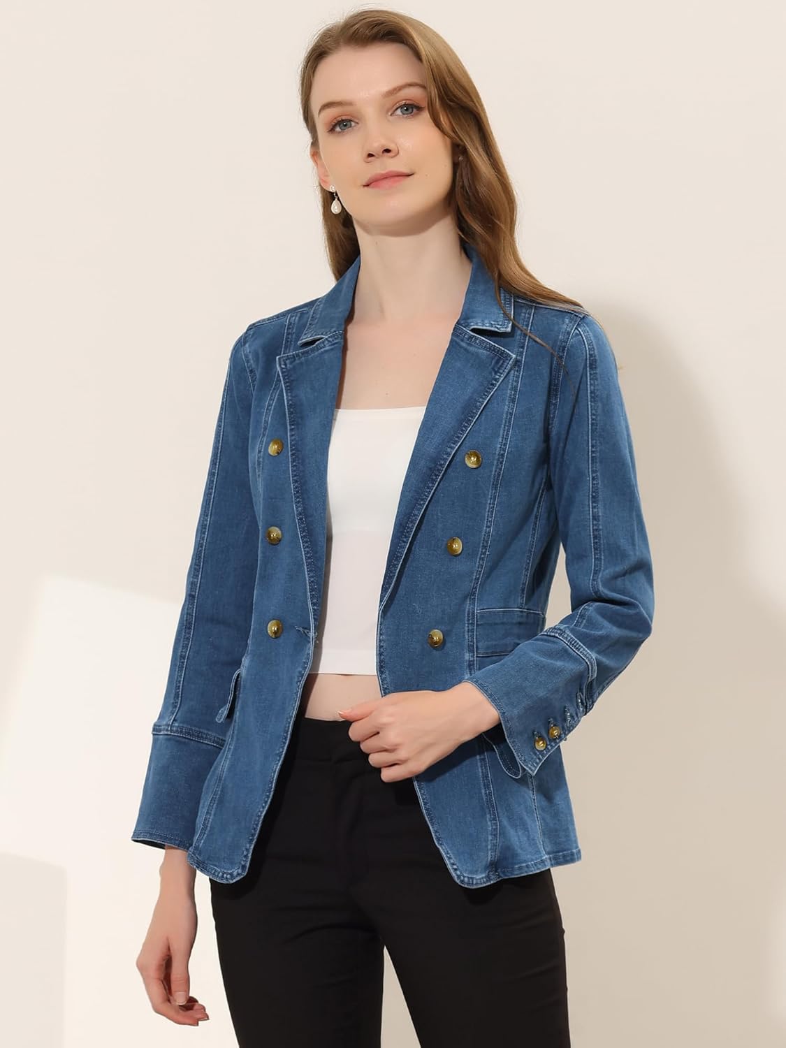 Allegra K Women's Jean Jacket Button Down Notched Lapel Long Sleeve Work Office Denim Blazer Jacket - Image 5