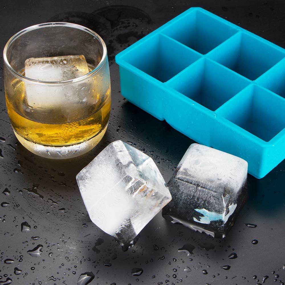 Webake 2 Inch Large Ice Cube Tray, Flexible Ice Mold Silicone Big Ice Cube Trays for Whiskey Cocktails and Treats, BPA Free Blue Square Silicone Mold Pack of 2