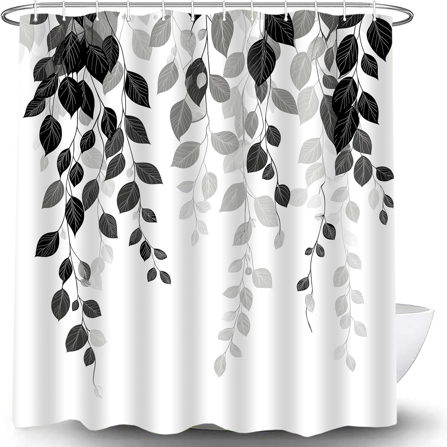 Black Gray Leaves Shower Curtain Hanging Leaf Vine Botanical Minimalist Polyester Bath Decor Curtain with Hooks, 70x70 Inch