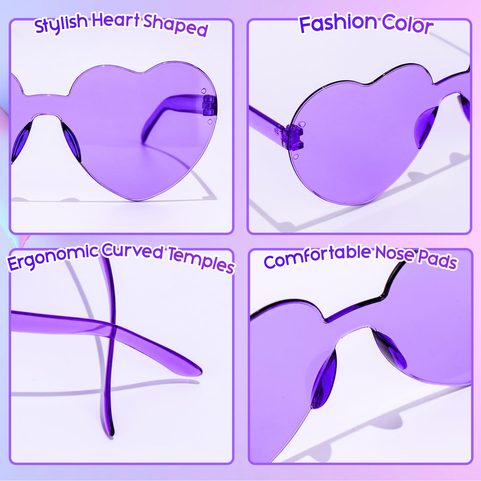 SelfTek 10 Pcs Purple Heart Glasses Rimless Heart Sunglasses Love Heart Shaped Glasses Transparent Colored Heart Glasses Multipack Fashion Funky Eyewear for Women Men Kids - Image 3