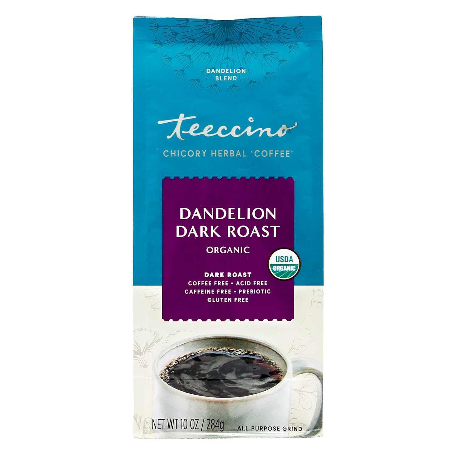 Teeccino Dandelion Dark Roast Herbal Coffee - Caffeine-Free Coffee Alternative with Prebiotics, Gluten Free, Acid Free, Organic - 10 oz (Pack of 3)