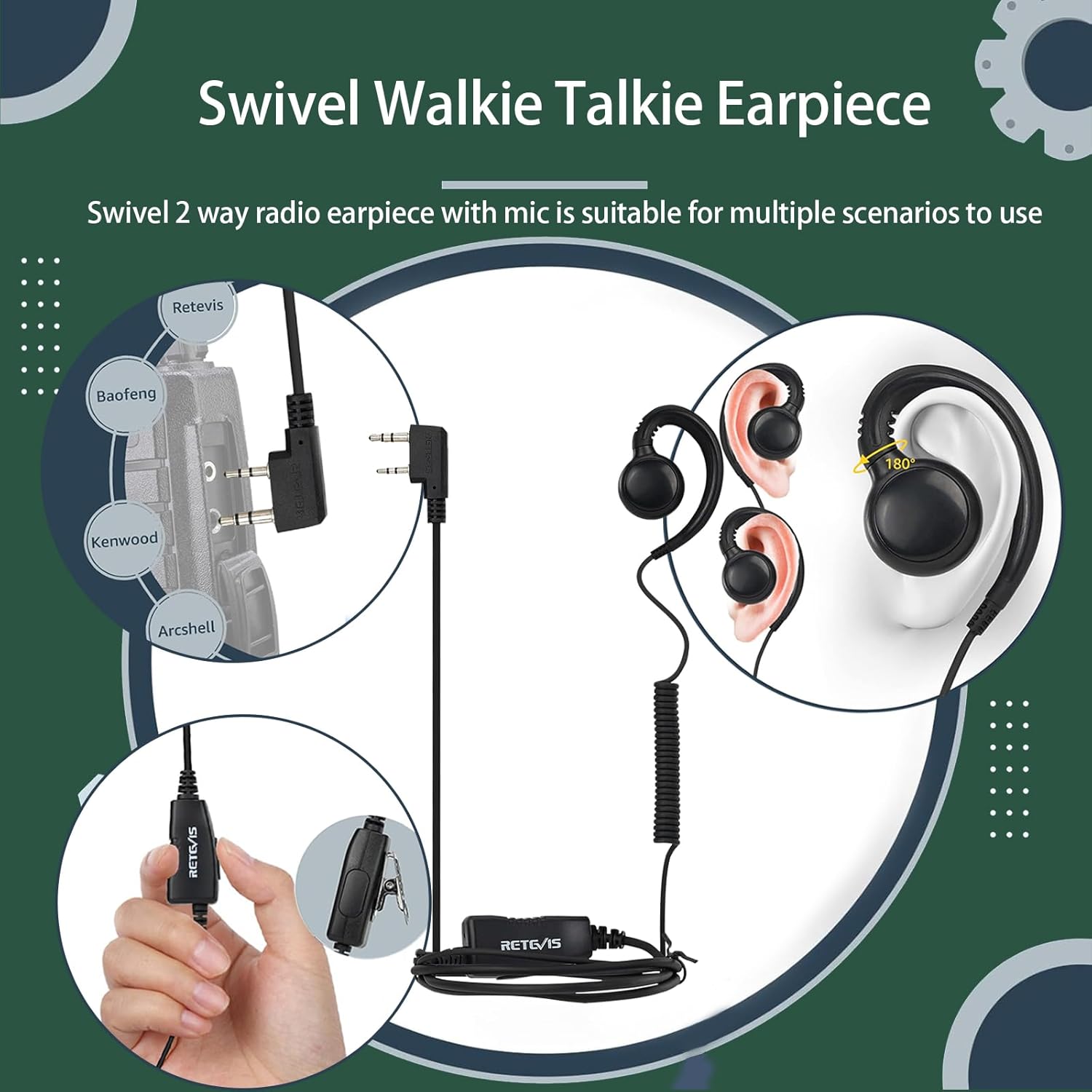 Retevis RB37 Bluetooth Walkie Talkies, Bluetooth Two Way Radio,Flashlight, 2000 mAh&120h Standby,C-Shape Earhook Earpiece,with Wireless Earpiece,for School Retail Restaurant Dental Church(2 Pack)