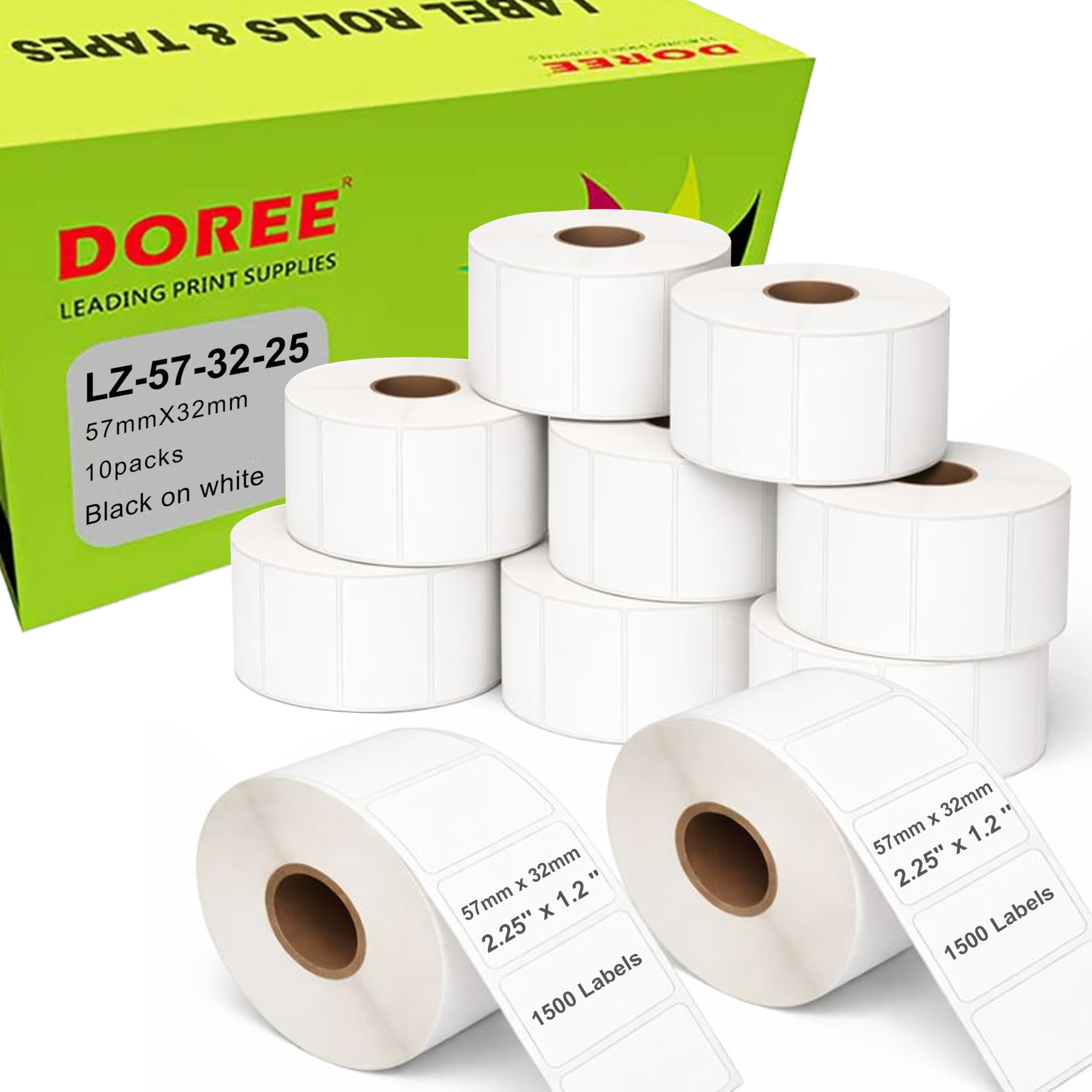 DOREE 10 rotoli di etichette in carta termica bianca 57 mm x 32 mm, testo nero su carta bianca, compatibili con le stampanti Zebra GK420D, GX420D, GK420T (1500 etichette per rotolo, nucleo 25 mm).