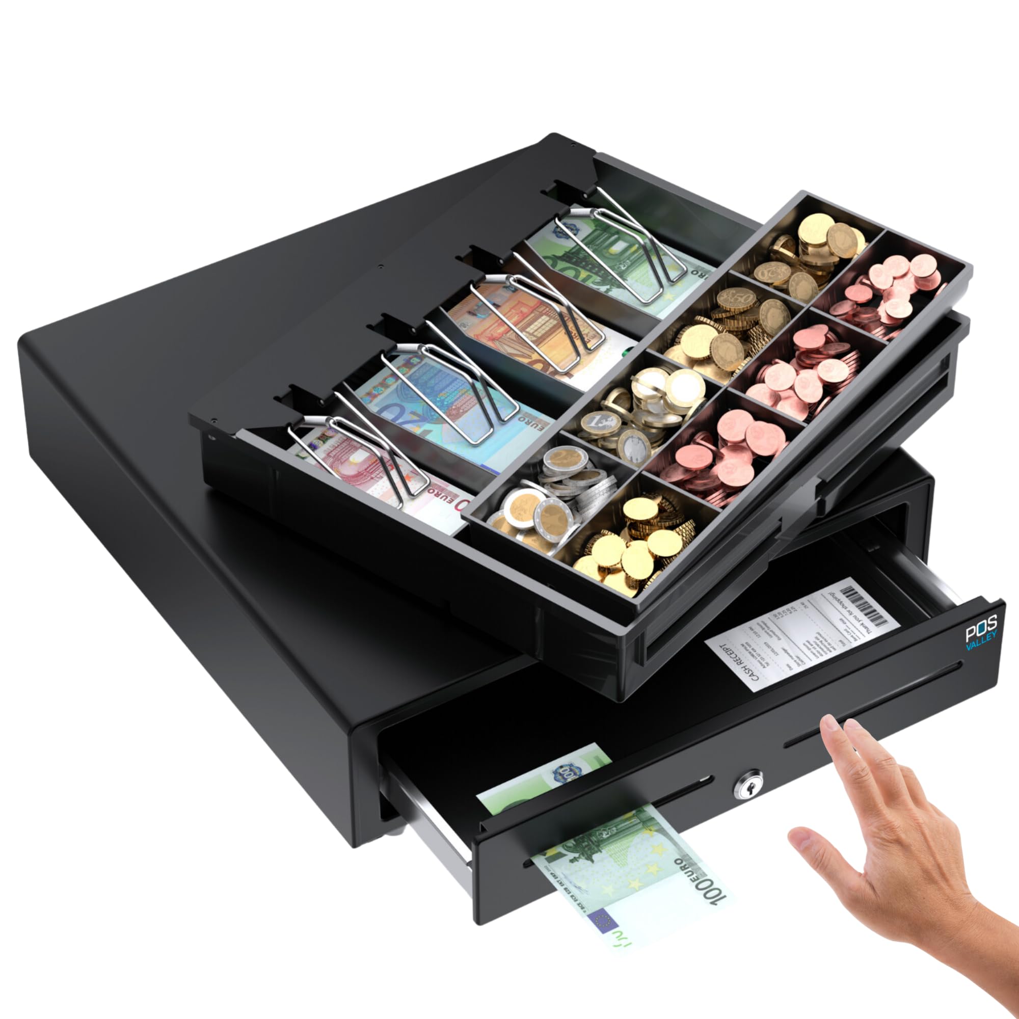 POS VALLEY Tiroir-Caisse Monnaie 41cm Noir 4 Compartiments Billets 8 Bacs Pièces Réglables
