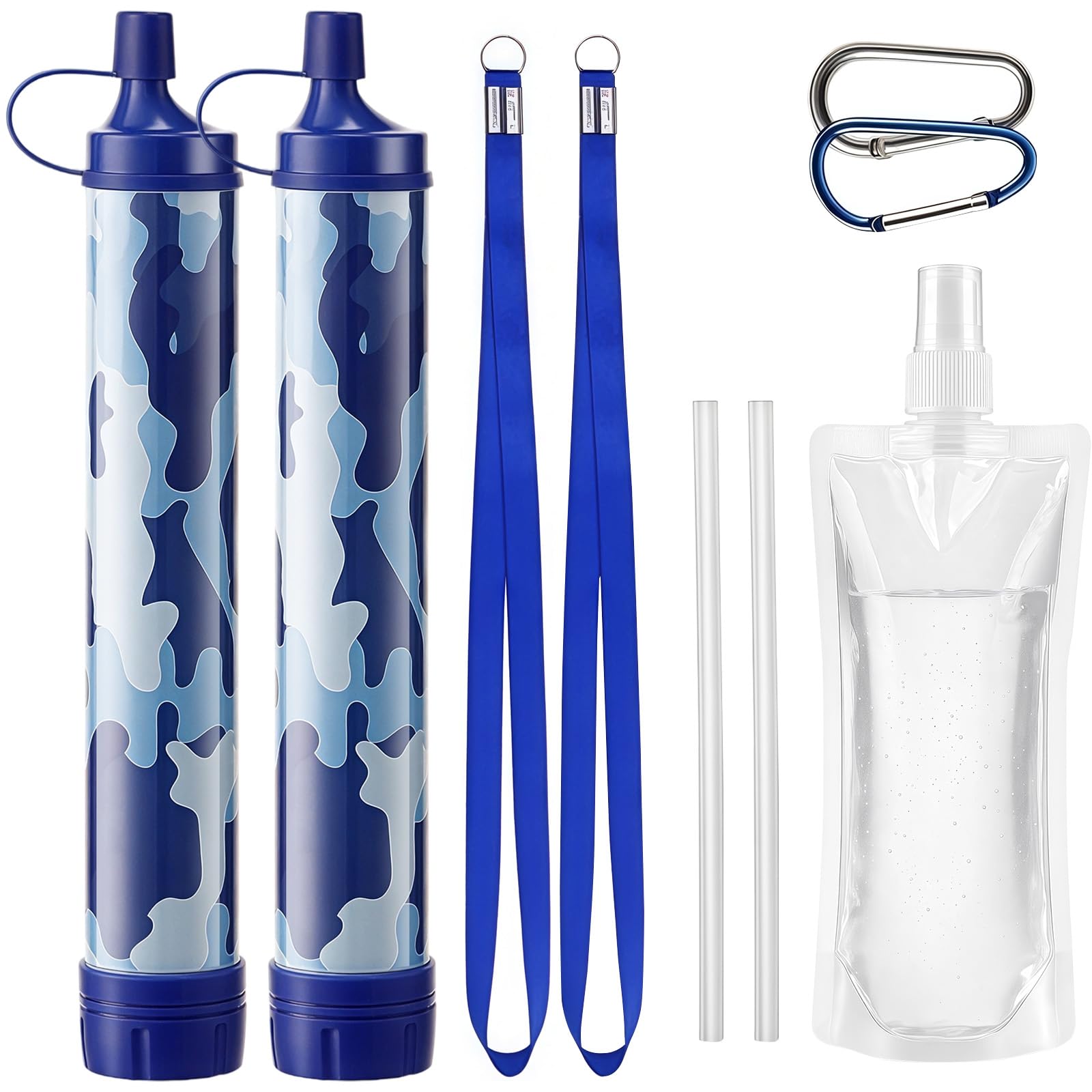 2PCS Personal Water Filter Kit, Portable Water Purification with Bottle, Straw, Carabiners for Hiking Camping Travel, Outdoors Mountain Biking & Emergency Use