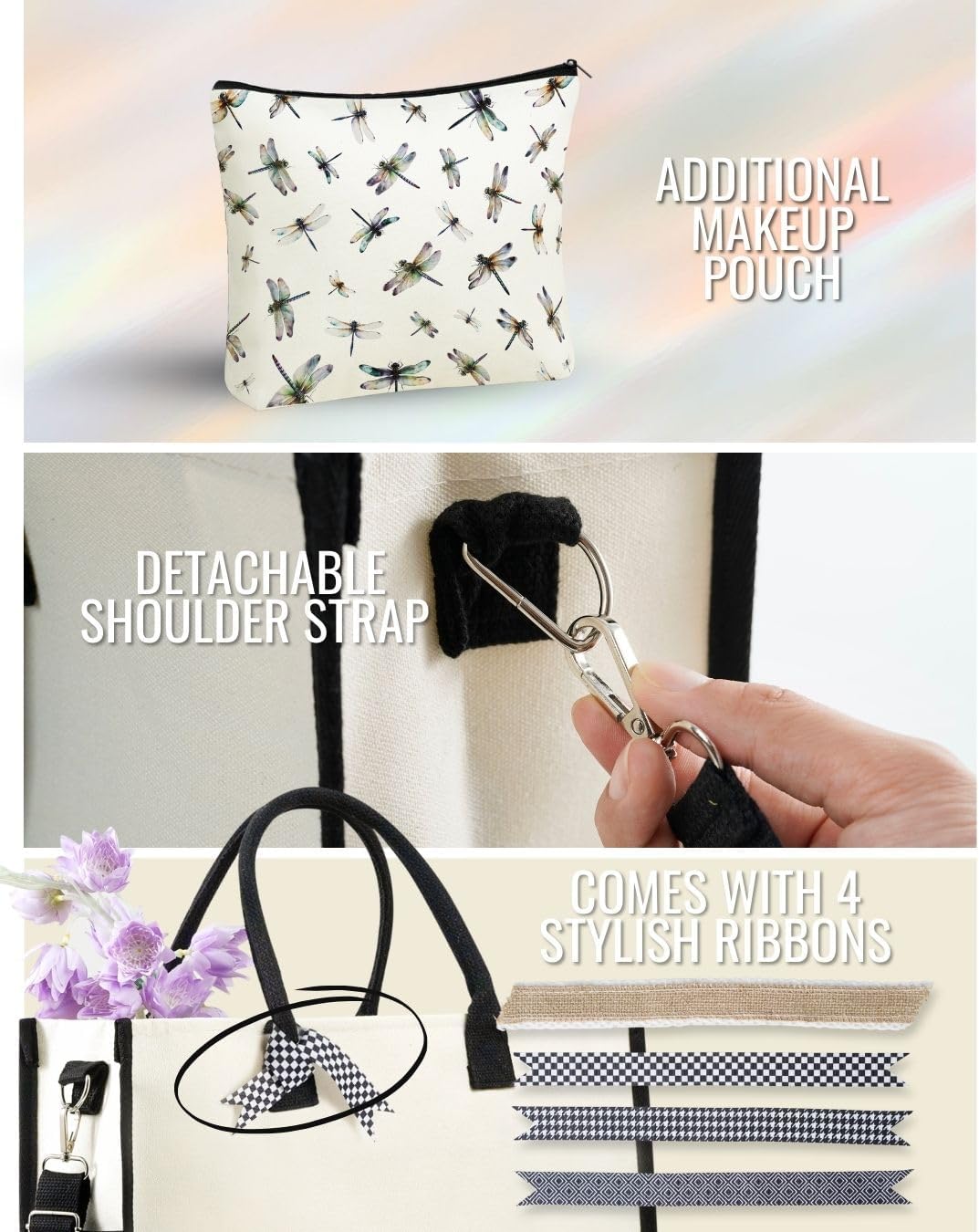 InnoBeta Dragonfly Gifts for Women, Canvas Tote Bag with Top Zipper Closure and Shoulder Strap