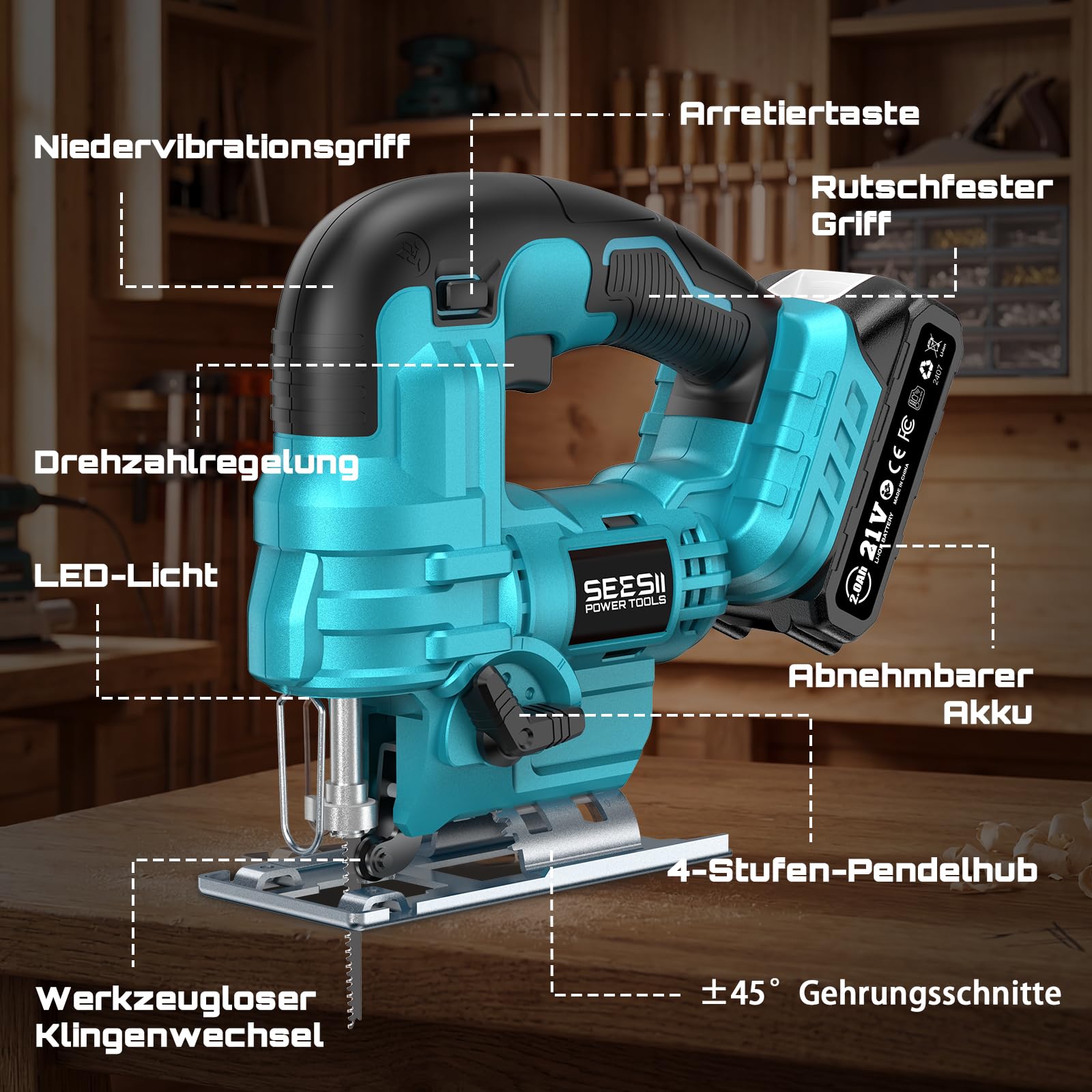 Seesii Stichsäge 21V, Akku Stichsäge mit Akkus und Ladegerät Set, 6-Stufen, Mit LED, 0°-45° Gehrung, 4 Pendelhub-Einstellungen, 20mm Hubhöhe, 2800 SPM, 9 Sägeblättern, mit Tragetasche
