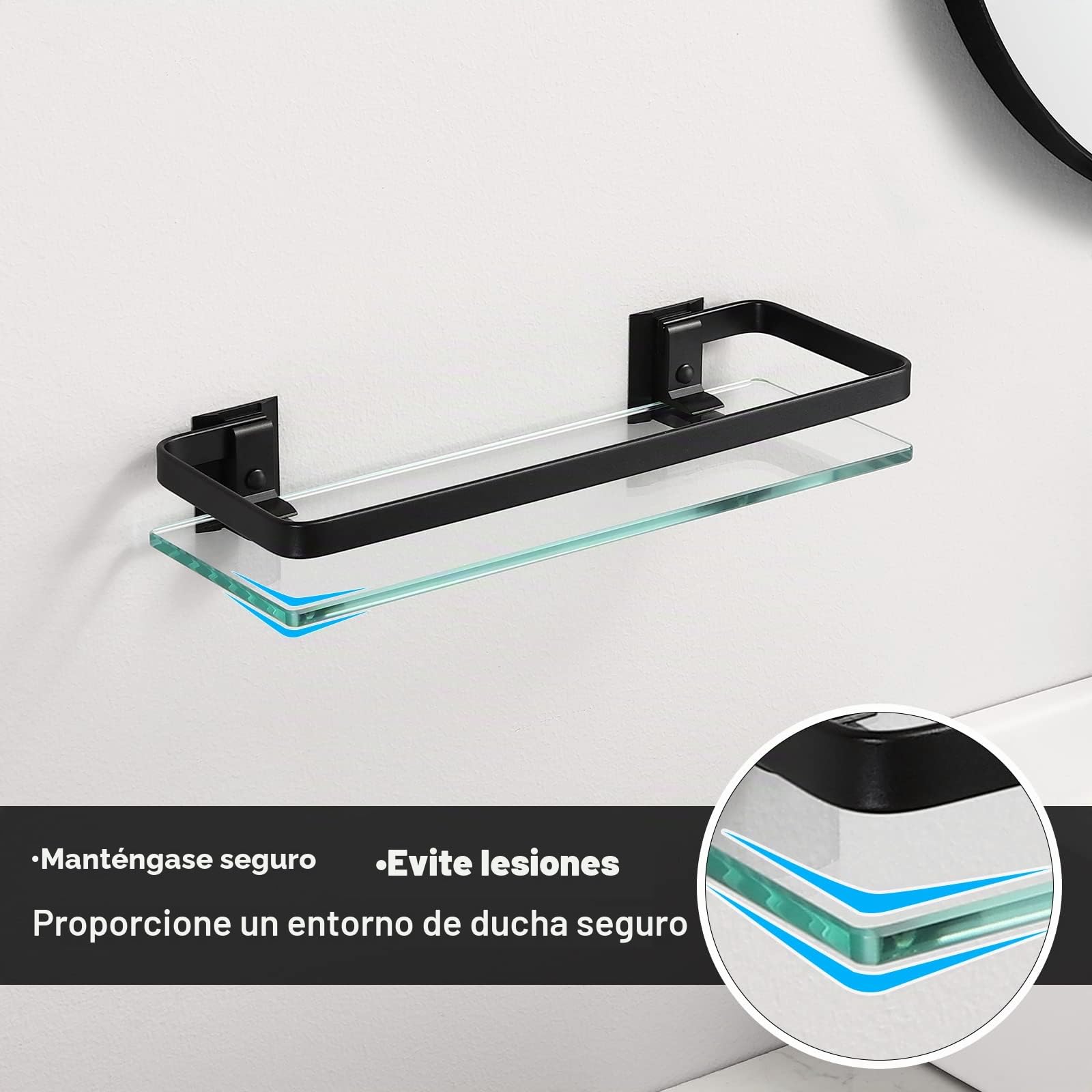 KES Estantería Baño Vidrio Templado 8mm Extra Gruesa Montado en la Pared Negra Aluminio Negro 2 Pieza