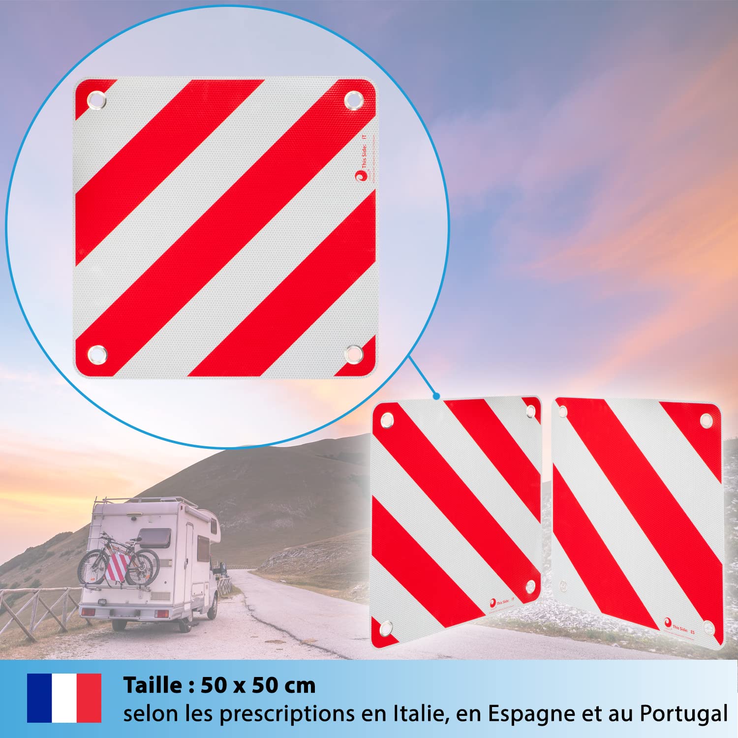 valonic Panneau de signalisation - 3en1 pour l'Italie, l'Espagne et le Portugal - 50x50cm, réfléchissant, pour camping-car, caravane, porte velo voiture