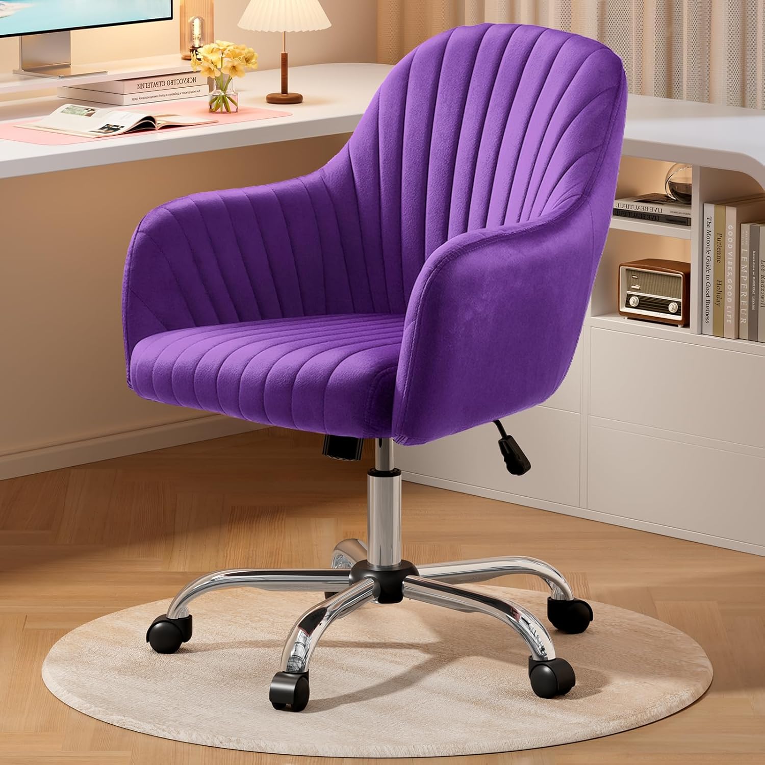 Warmiehomy Desk Chair, Velvet Office Chair for Home Office, Comfy Vanity Chair, Girl Cute Makeup Chair with Arm Rest for Bedroom Dressing Room, Purple