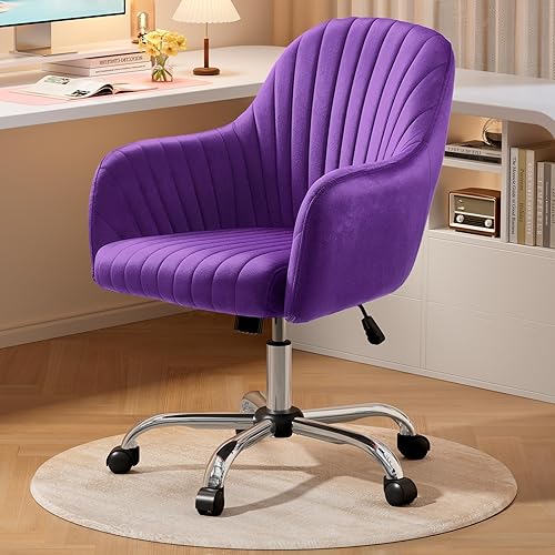 Warmiehomy Desk Chair, Velvet Office Chair for Home Office, Comfy Vanity Chair, Girl Cute Makeup Chair with Arm Rest for Bedroom Dressing Room, Purple - Purple
