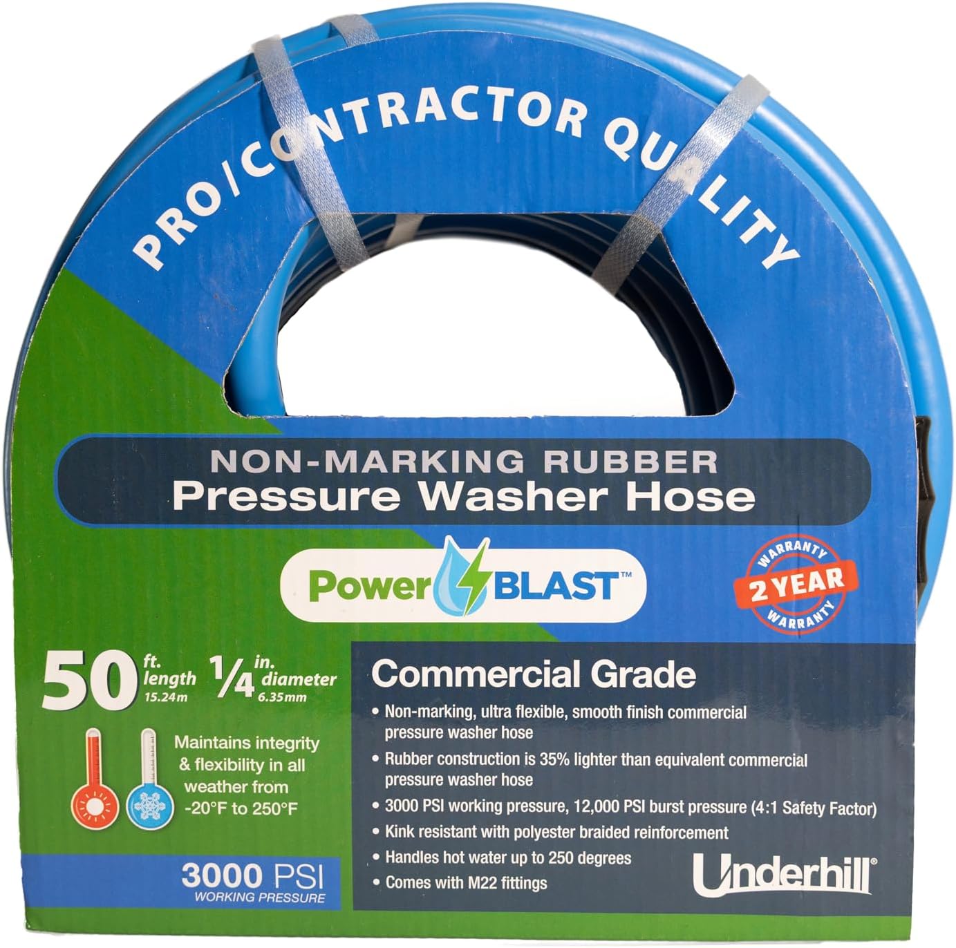 Underhill PowerBlast Pressure Washer Hose – 1/4" x 50ft, 12,000 PSI Burst Pressure, Ultra Flexible Non-Marking Rubber, Hot Water Rated 250°F, M22 Fittings, Professional Quality Replacement Hose