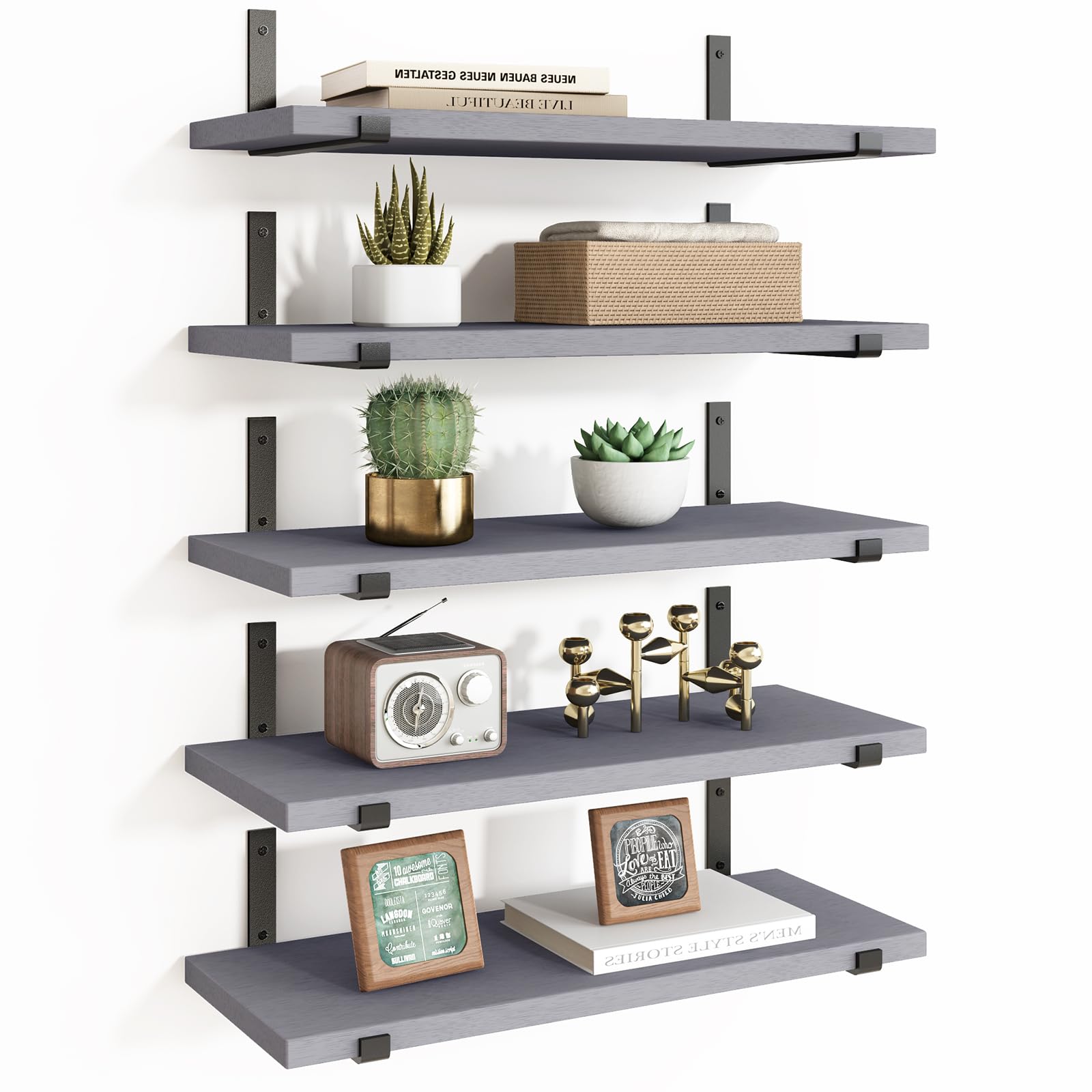 Fixwal Floating Shelves Set of 5, Width 4.7 Inches Wall Shelves, Rustic Wood Wall Storage Shelves for Bedroom, Living Room, Kitchen, Bathroom (Grey)