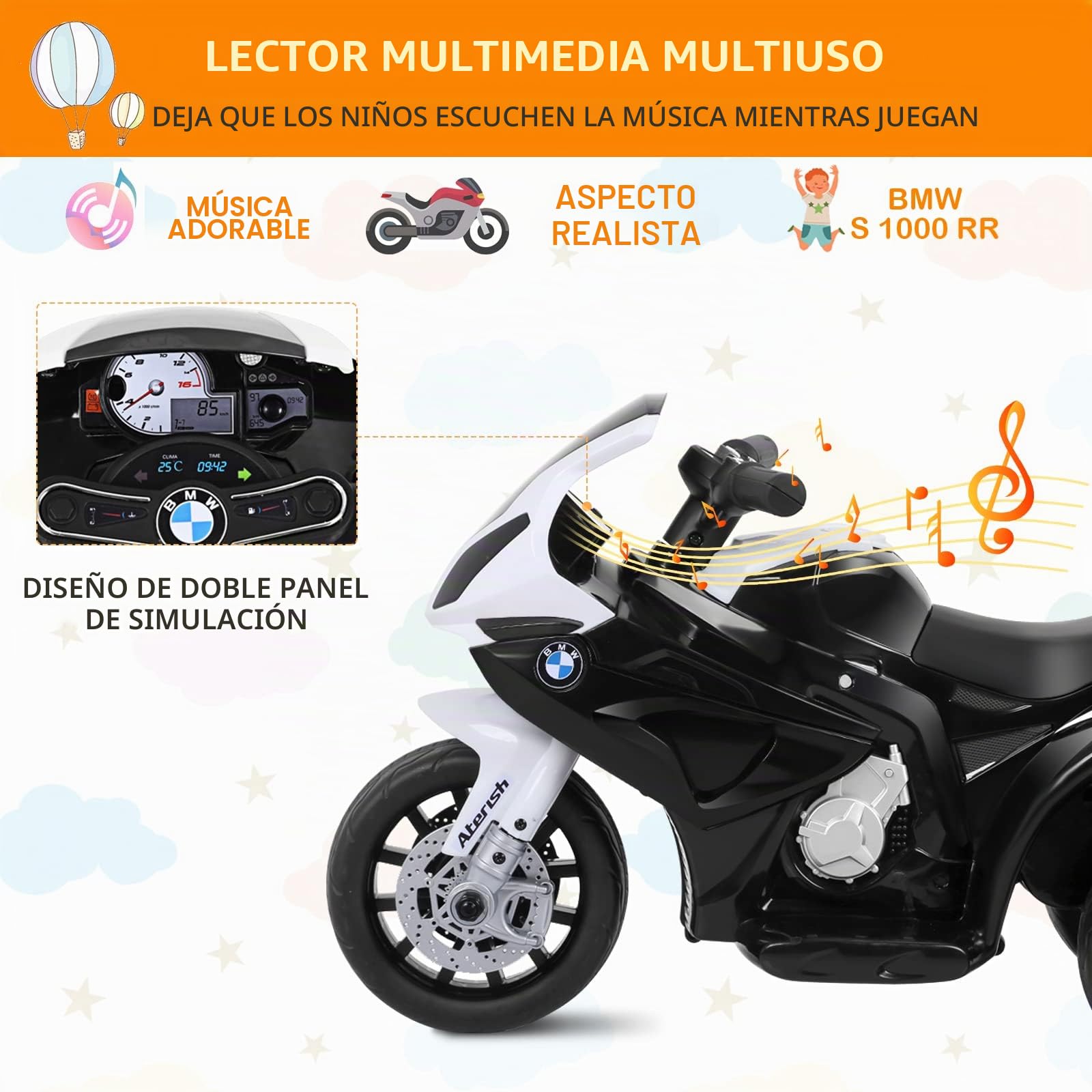RELAX4LIFE BMW-S 1000 RR 6V Moto Eléctrica para Niños con 3 Ruedas, Música, Luces y Claxon, 3 km/h, Triciclo Eléctrico para Niños de 18-36 Meses, Capacidad de Carga de 20 kg (NEGRO)
