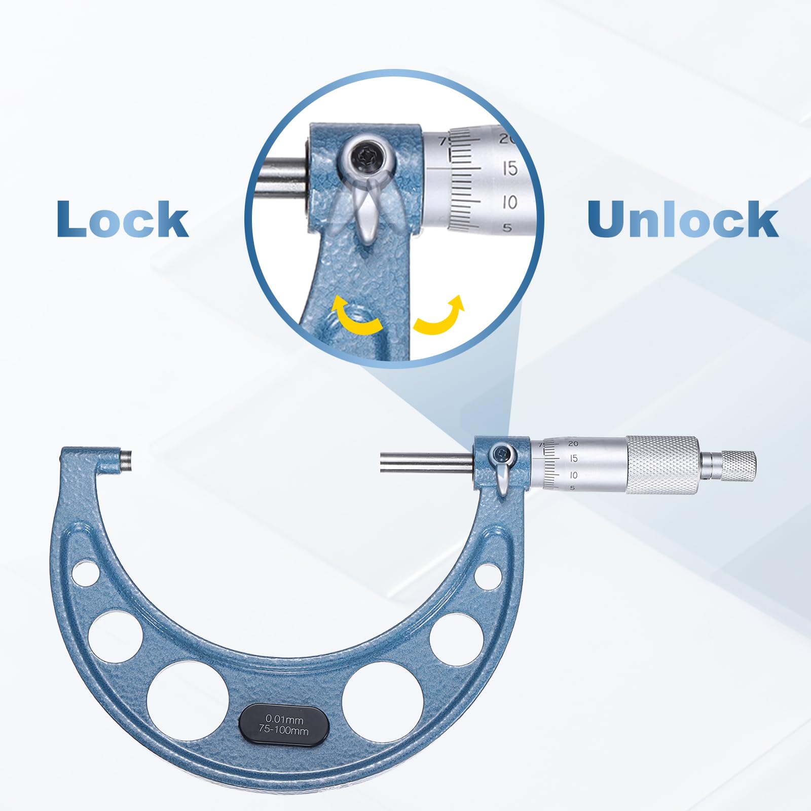 Herramienta de medición de precisión de grado industrial para metal, con rango métrico de 75-100 mm y precisión de +/-0,01 mm, con tope de trinquete, para maquinistas e ingenieros. Color azul.