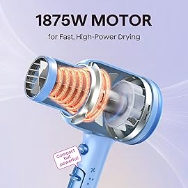 Wavytalk Hair Dryer, Blown Away Ionic Hair Dryer for Curly Hair with Diffuser, 1875W Fast Drying Blow Dryer with Ceramic Technology, 3 Attachments for All Hair Types, Light and Quiet, Light Blue