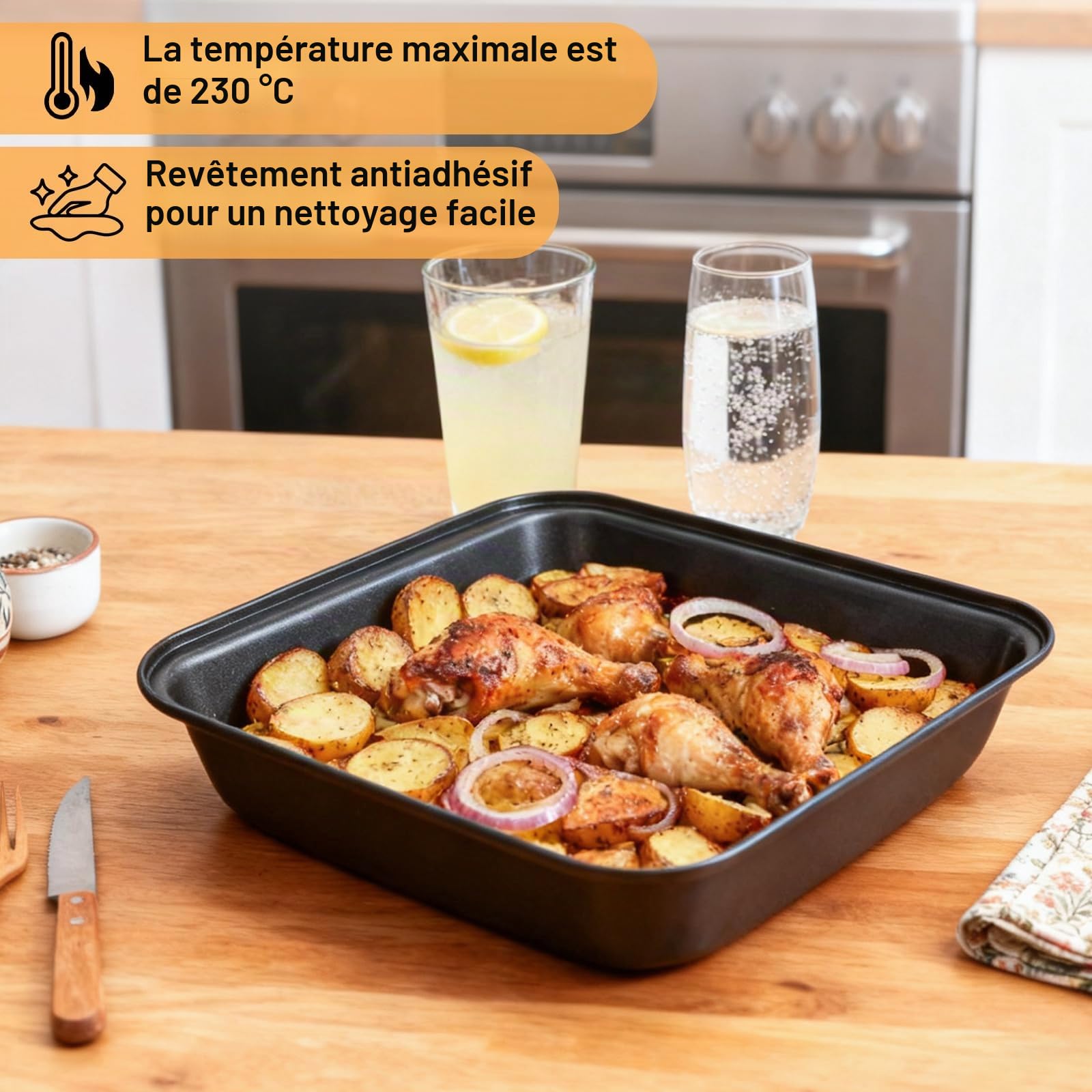 Lot de 2 plats à gratin carrés, carrés, en acier inoxydable, avec revêtement antiadhésif, peuvent également être utilisés comme plat à lasagnes, rôtissoire ou plaque à gâteau, facile à nettoyer