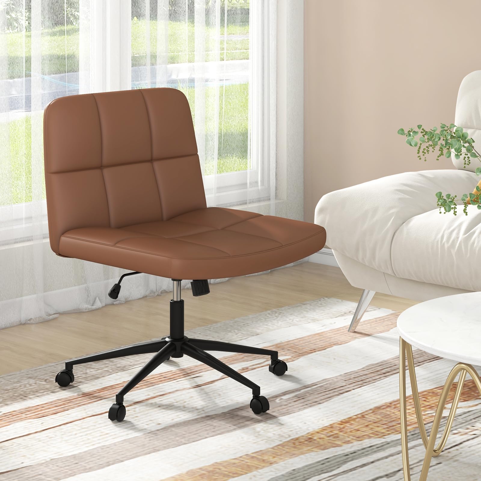 COSTWAY Silla Escritorio sin Brazos, Tapizada de Cuero de PU, Silla Oficina con Ruedas, Inclinable y Altura Ajustable, Silla Tocador Estudio Dormitorio Oficina, 70 x 70 x 79-87 cm (marrón)