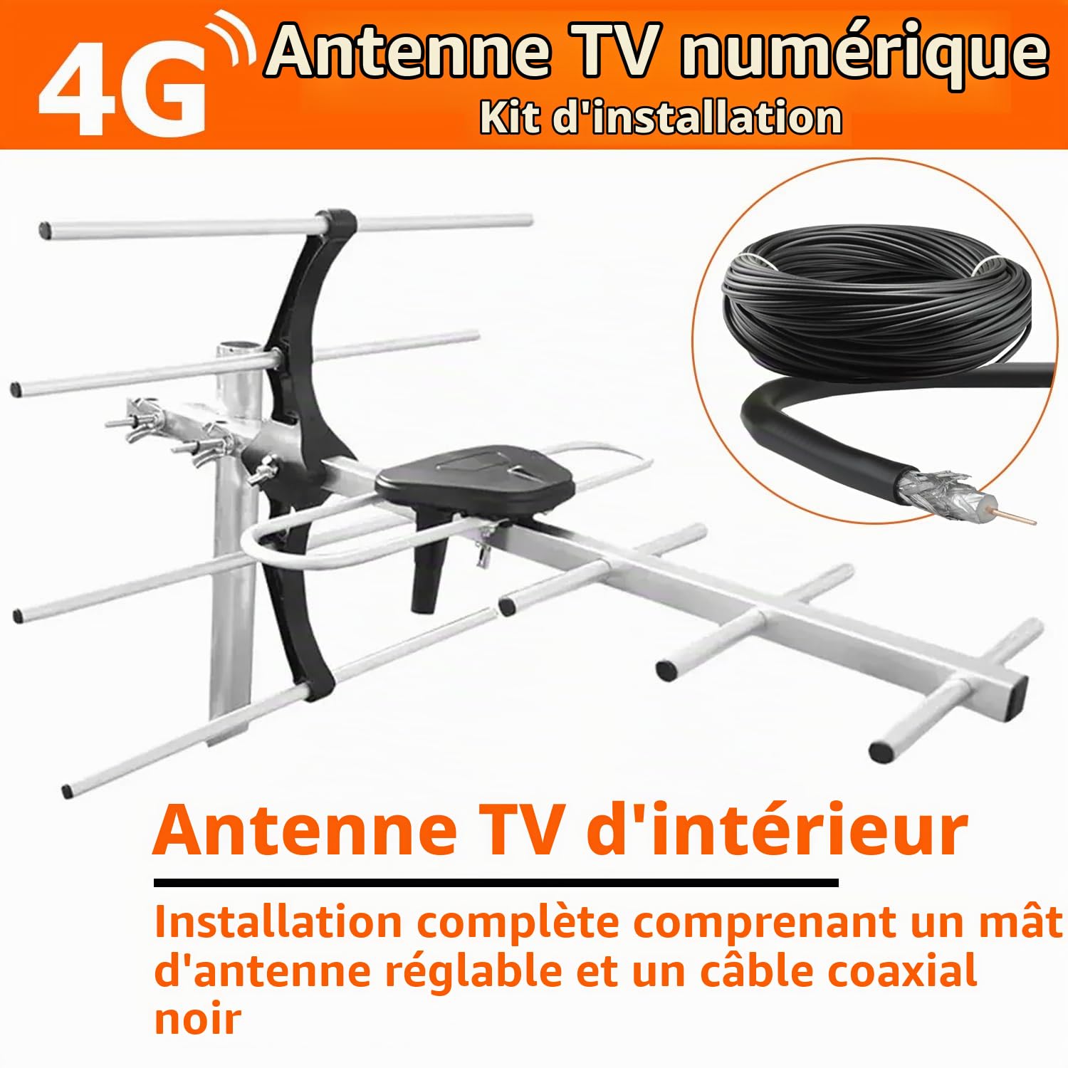 Kit d'installation d'antenne TV numérique 4G pour l'extérieur - Antenne de toit pour antenne TV extérieure numérique Smart Freeview HD + connecteur coaxial mâle femelle 10 m RG6 câble de fixation vis