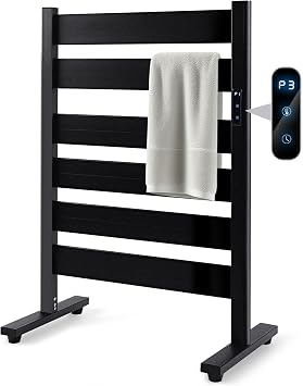 Towel Warmer Rack with 6 Widened Bars, Wall-Mounted Heated Towel Dryer with Timer, LED Display, 3 Temp Levels, Plug Overheat Protection, for Bathroom Spa Laundry Matte Black
