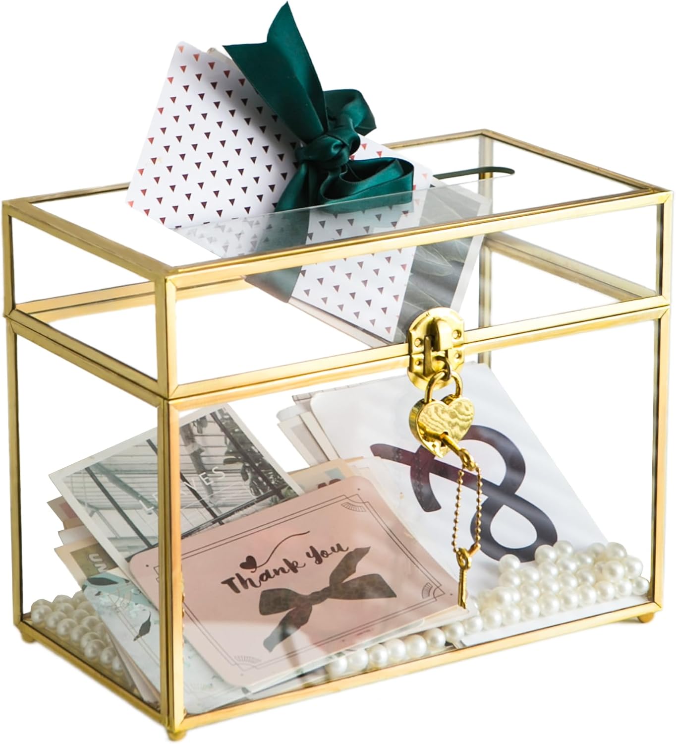 Kendiis Glass Wedding Card Box with Slot and Lock, Large Clear Card Box Gold Brass