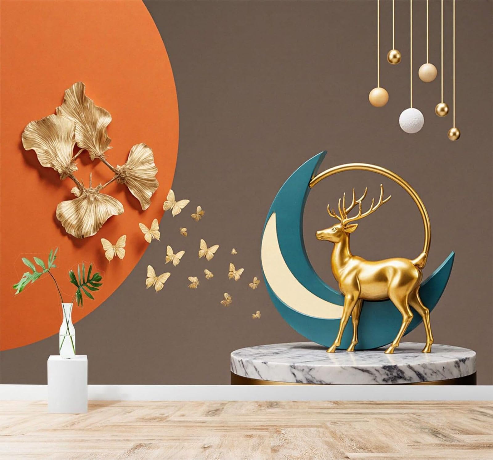XLMING Three Dimensional Golden Deer Moon Butterflies Ginkgo Leaves Art 3D Wallpaper Silky Texture Home Study Office Grey Dining Room Sofa Bedroom Living Room TV Backdrop-430cm×300cm