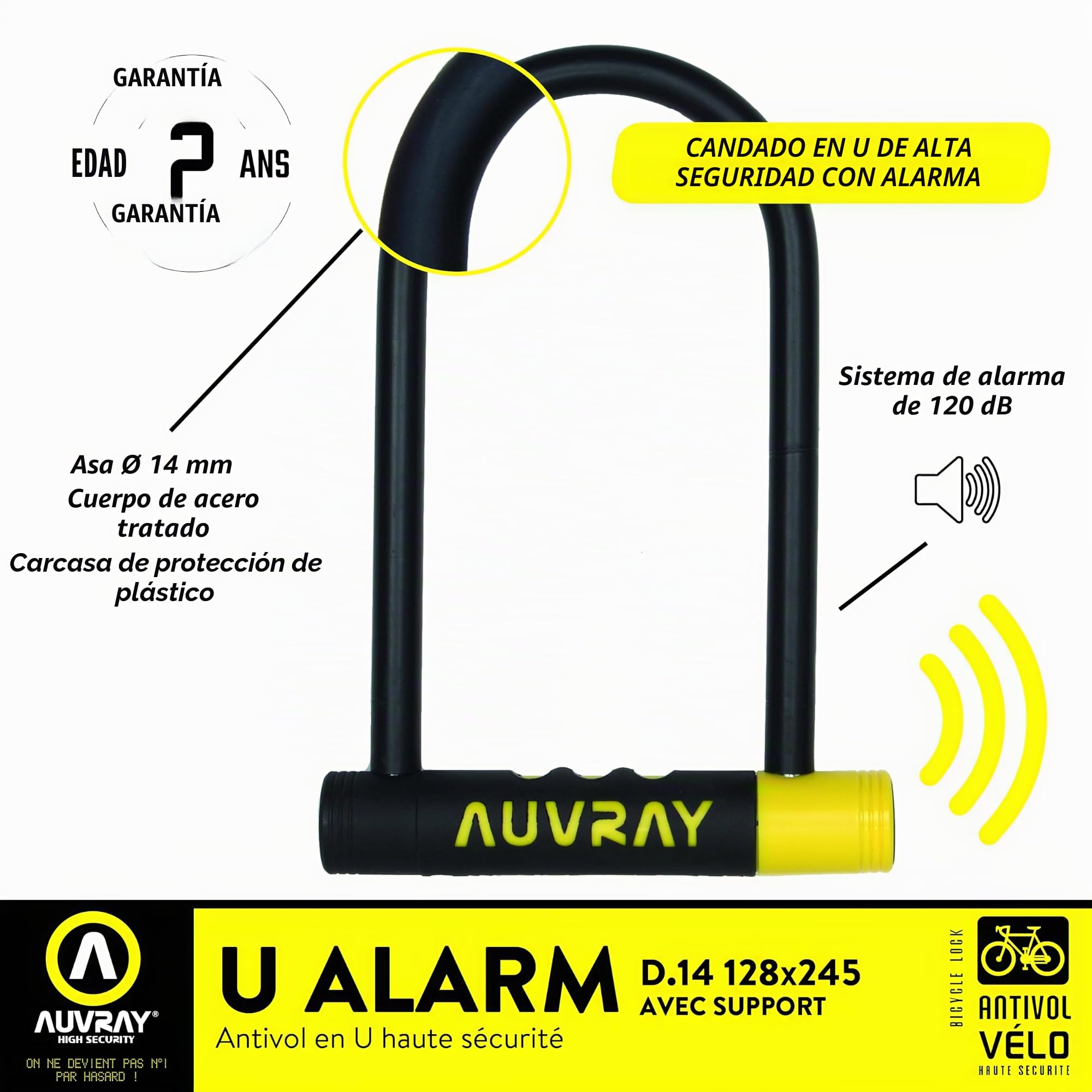 AUVRAY - Antirrobo de Bicicleta con Alarma - U ALARME 128X245 D.14-3 CLES - Resistencia excepcional - Carcasa Protectora de plástico - Alarma integrada de 120 dB - Alta Seguridad