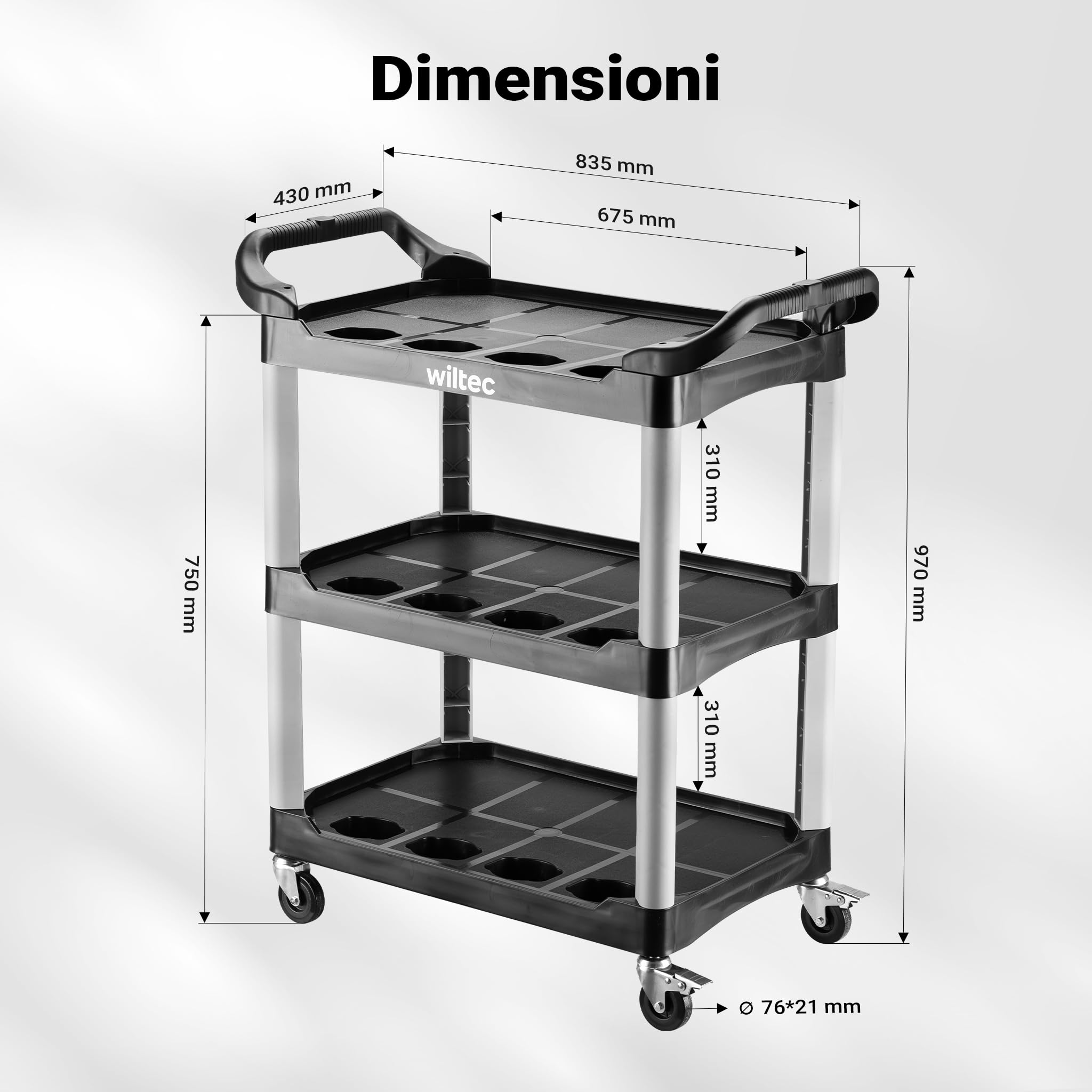Wiltec Carrello a 3 ripiani tipo 01 con portata di 136 kg, carrello officina 74,5 × 42,5 × 67,5 cm in plastica