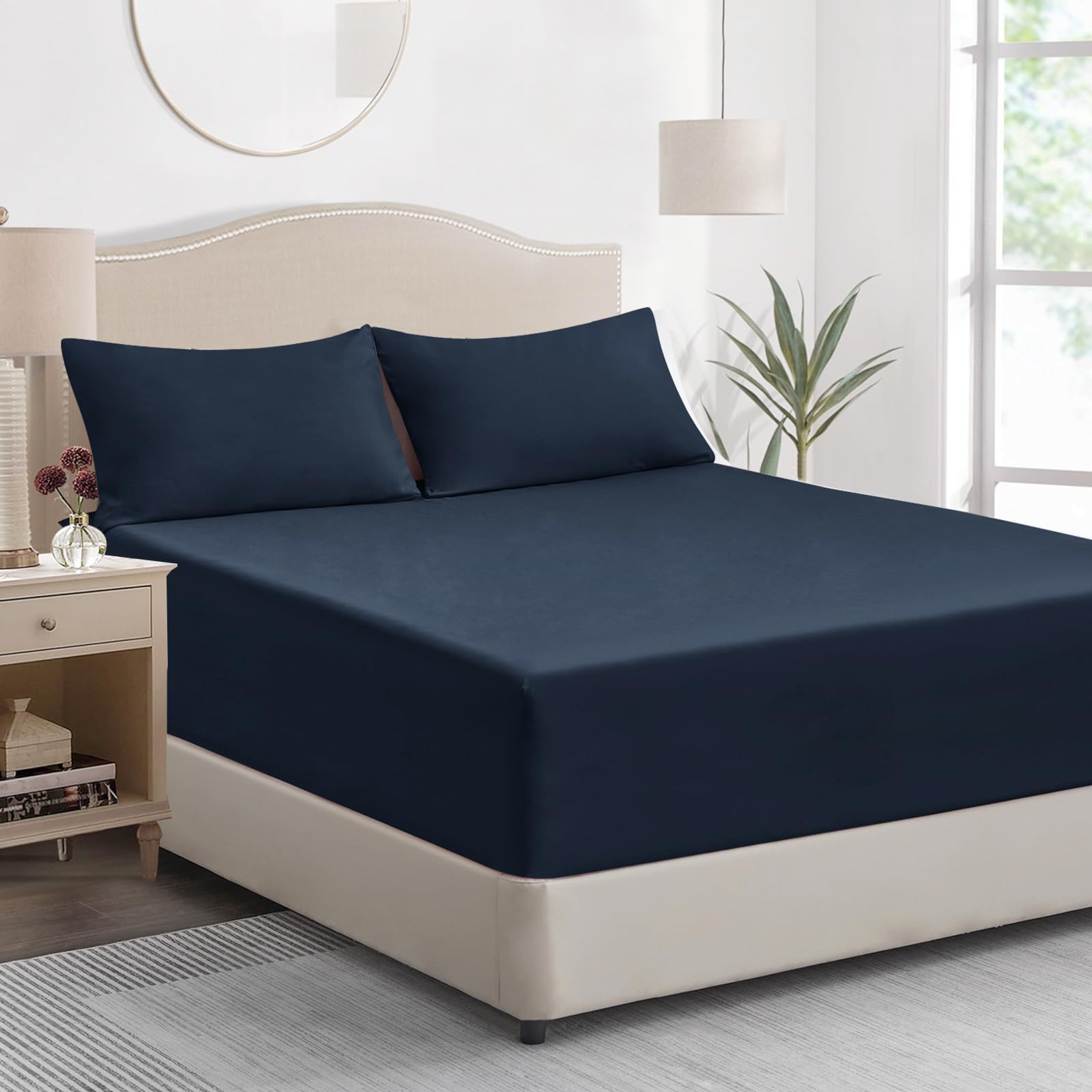 Tifschlaf King Size Fitted Sheet Deep, Navy Blue Kingsize Bed Sheet Extra Deep Pocket 16 inch (40 cm)