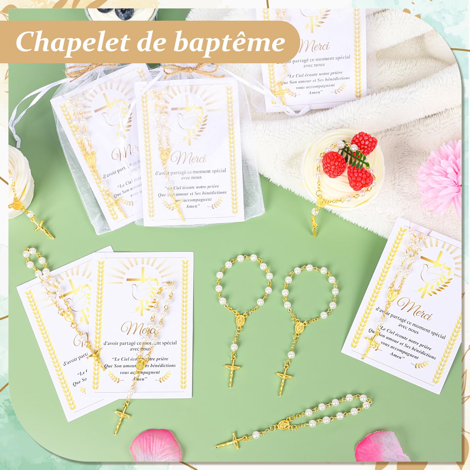 iZoeL Chapelet en Acrylique Perles Merci Cadeau Baptême/Communion/Mariage | Lot 12, Chapelet en Acrylique, Perles+Carte Merci+Sac Organza, Cadeau Baptême/Communion/Mariage/Invités/Invités/Décoration