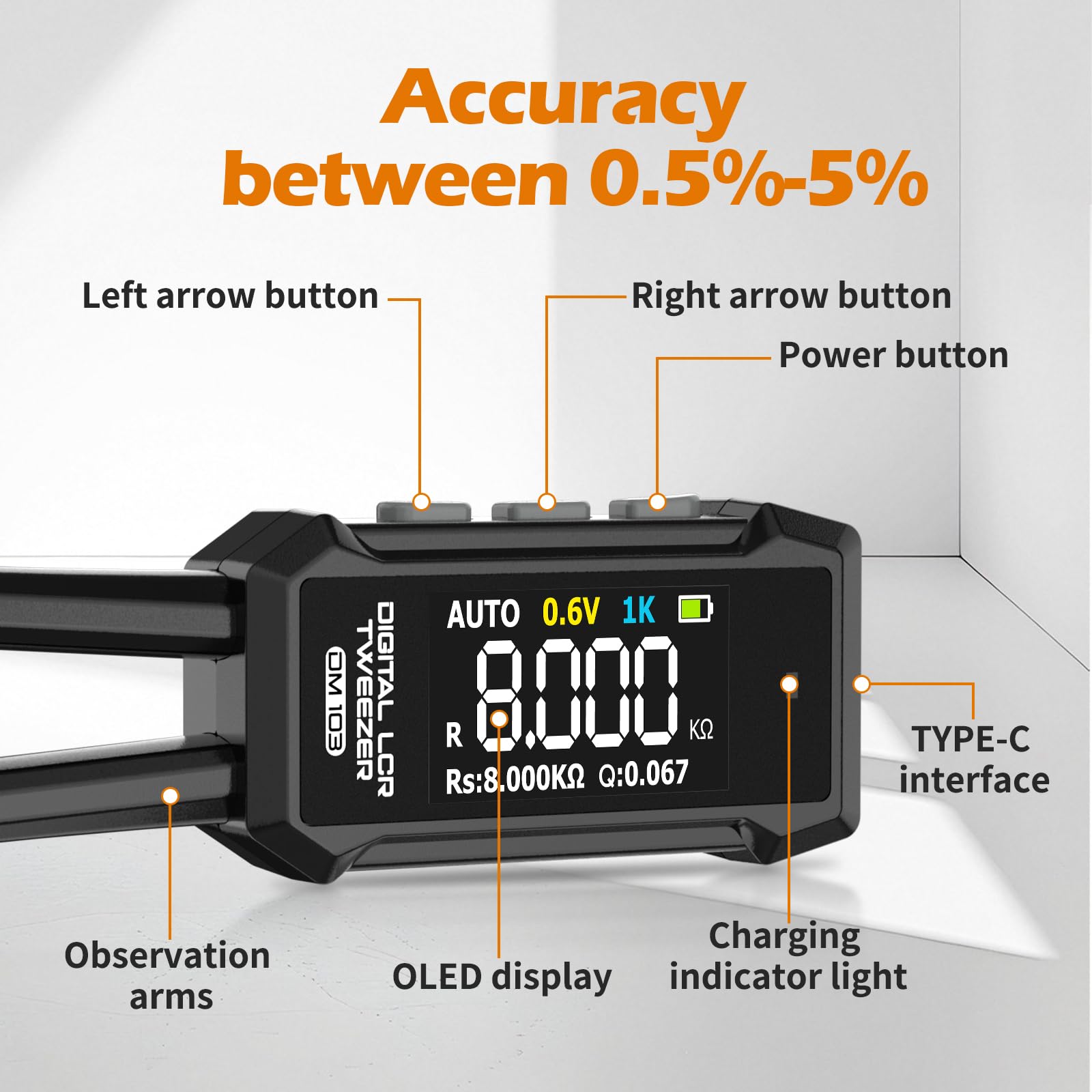 400mAh Hochkapazität LCR-Messpinzette 60H Induktivität 0,5% Präzision SMD-Kondensator Prüfung Elektronikbauteile Messung OLED Selbstkalibrierung TYPE-C