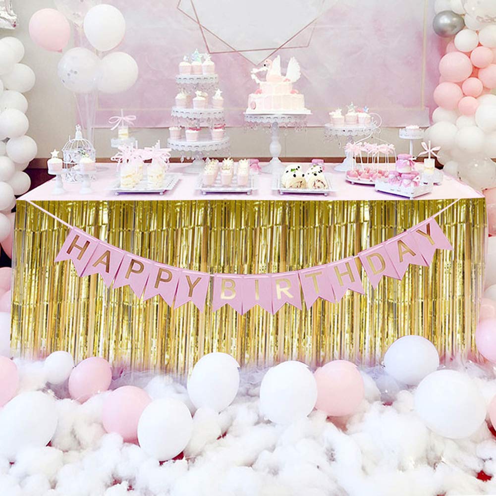 Table Skirts, Foil Fringe Tinsel Table Skirts Disposable Table Skirt Banner for Rectangle Tables Tinsel Backdrop Curtain Party Supplies Wedding Parade Floats Decorations (Gold)