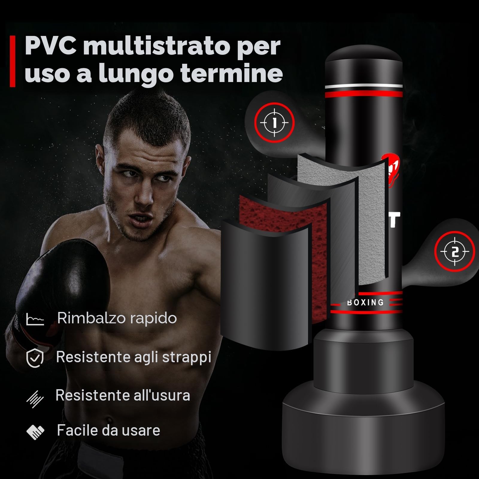 NZQXJXZ Sacco da Boxe da Terra per Adulti, 180cm Sacco da Boxe Autoportante con Guantoni da Boxe, Pompa, Corda per Saltare e Palla per Riflessi, Sacco da Box Gonfiabile per Allenamento MMA Fitness