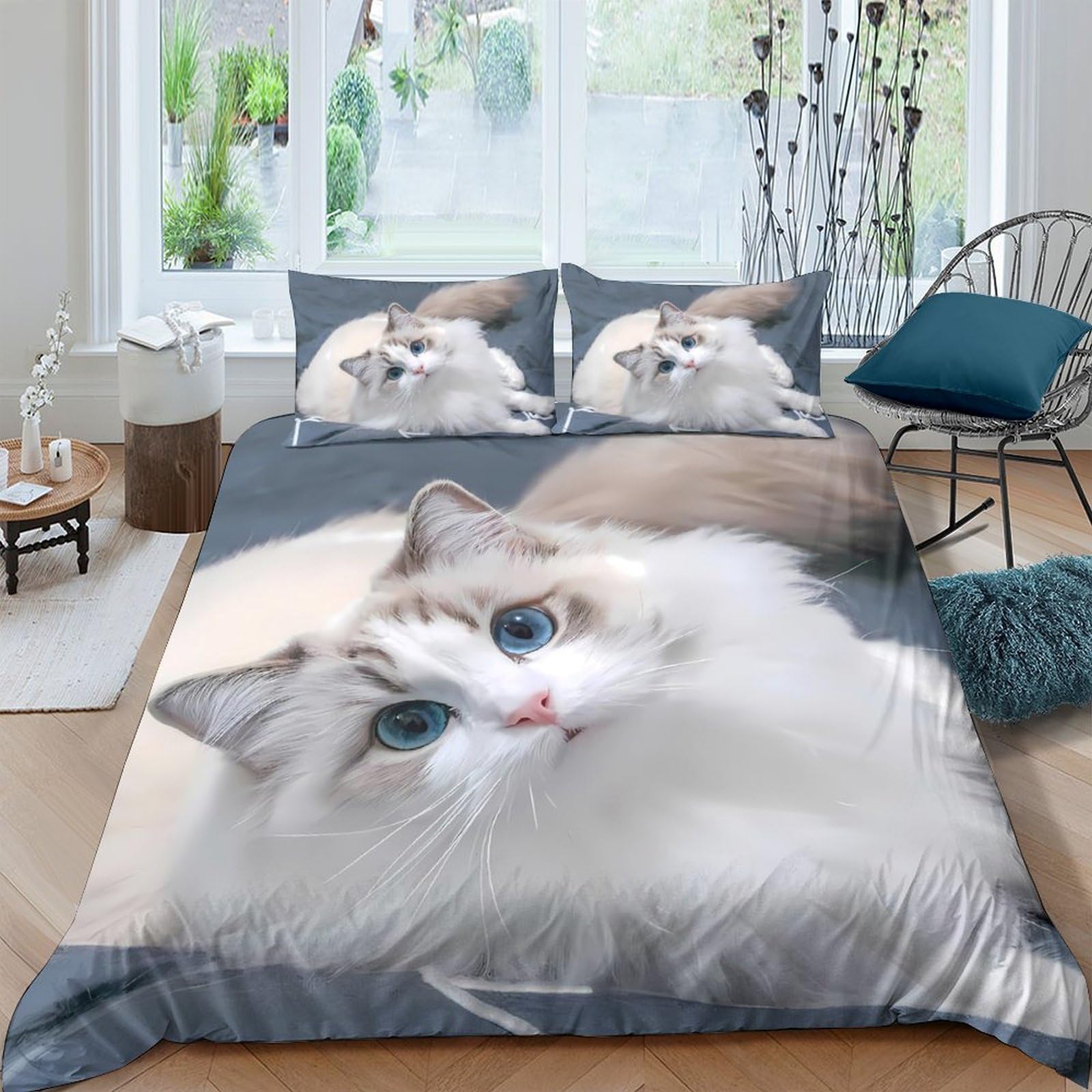 Ctjqhvkz Style-4 3D Printed Fluffy Cat Fitted Sheet Microfiber Soft Breathable Kitten Bed Cover For Bedroom Guestroom Easy Care Single（135X200cm）