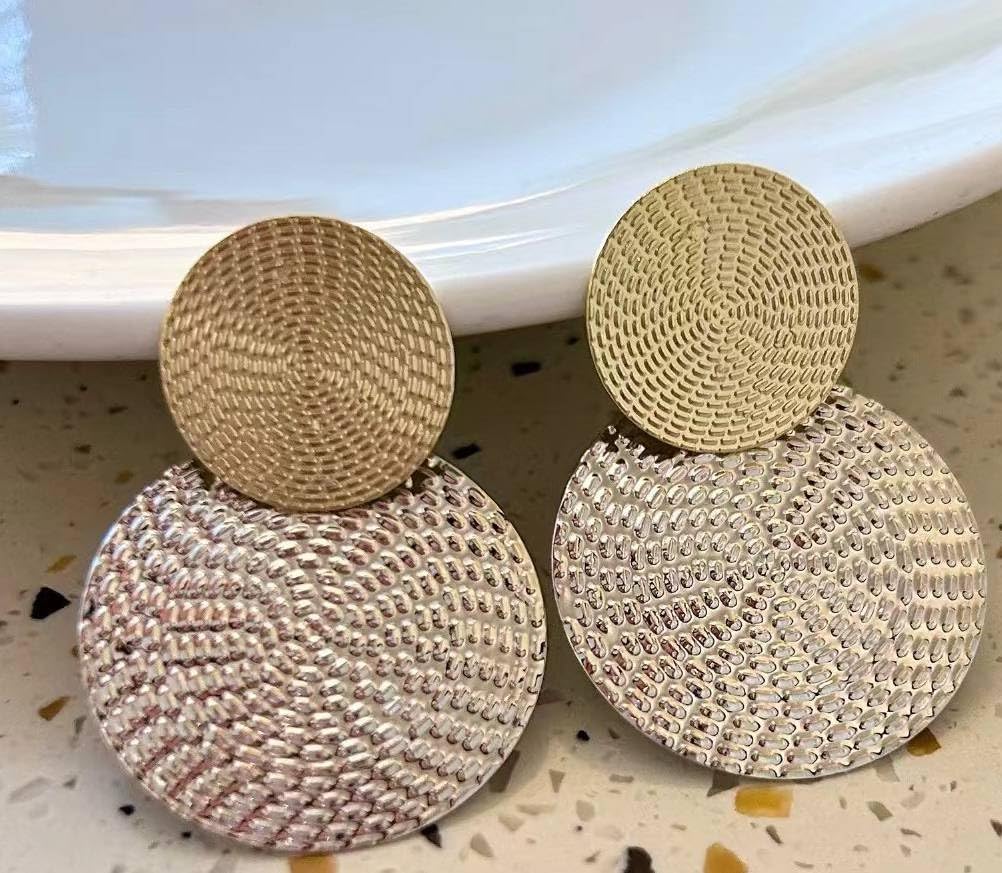 18K Gold Plated Geometric Spiral Textured Drop Earrings – Two-Tone Gold & Silver Statement Jewelry for Women - Image 3