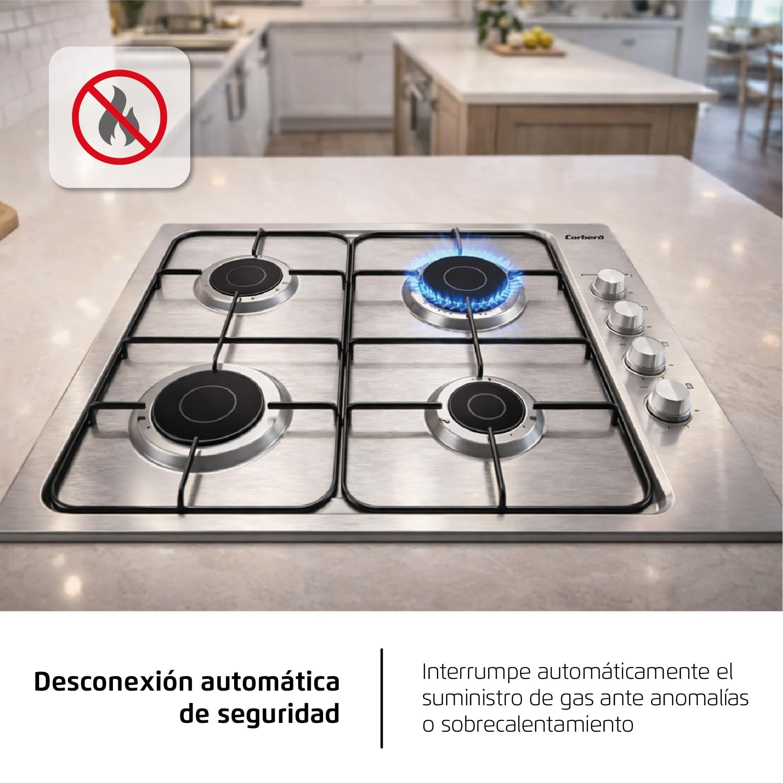 Corbero CPGS423X Płyta gazowa Moc 7,5 kw, 4 ognia, Butan Gaz, Kolor Nierdzewny, Czarny Grill Emalia, Zawór bezpieczeństwa cięcia gazu, Automatyczne wyłączanie bezpieczeństwa