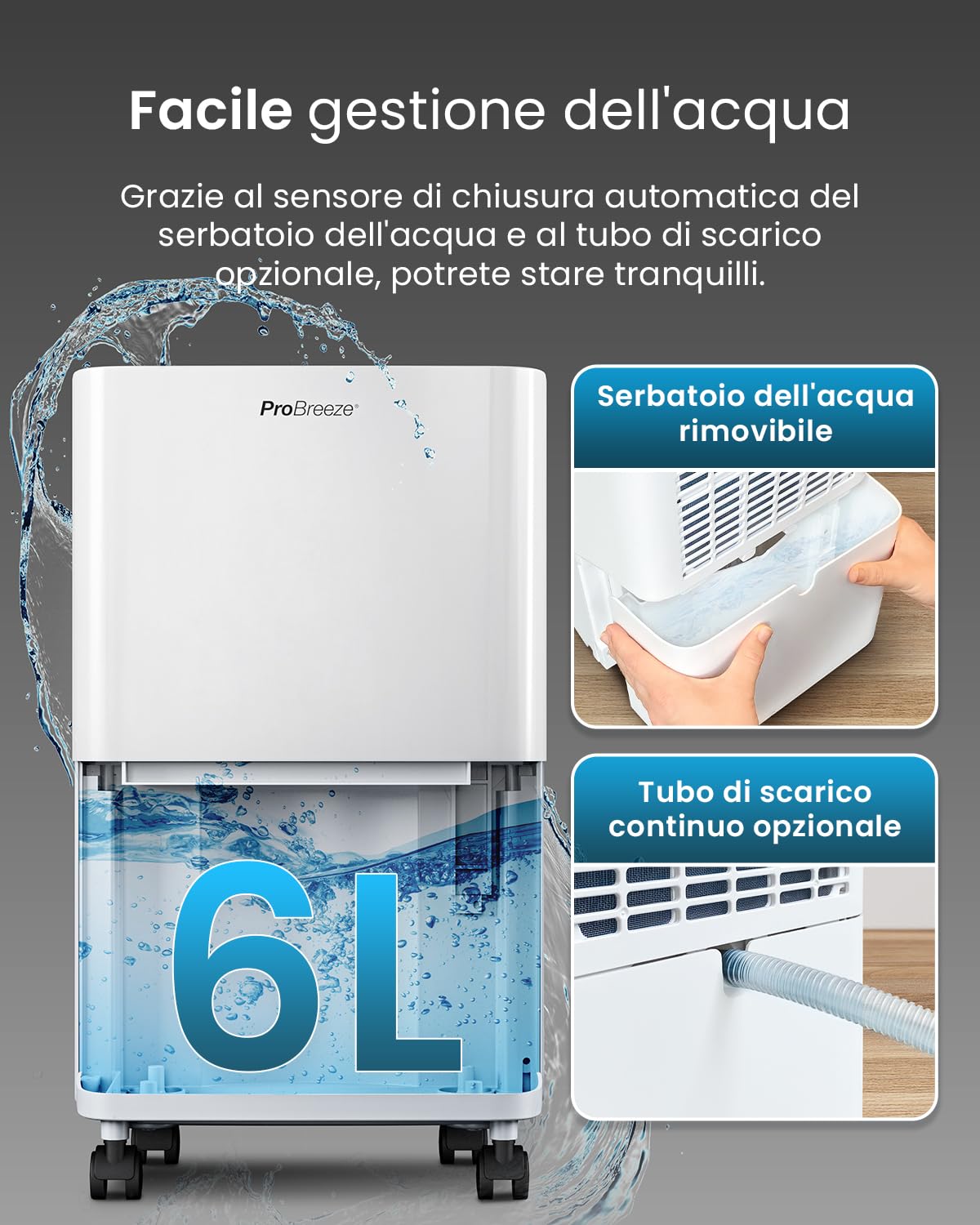 Pro Breeze Deumidificatore a compressore 6L con serbatoio dell'acqua da 2L, asciugatura della biancheria e sensore di umidità - Rimuovi muffa portatile timer 24H per umidità, muffa nera e condensa