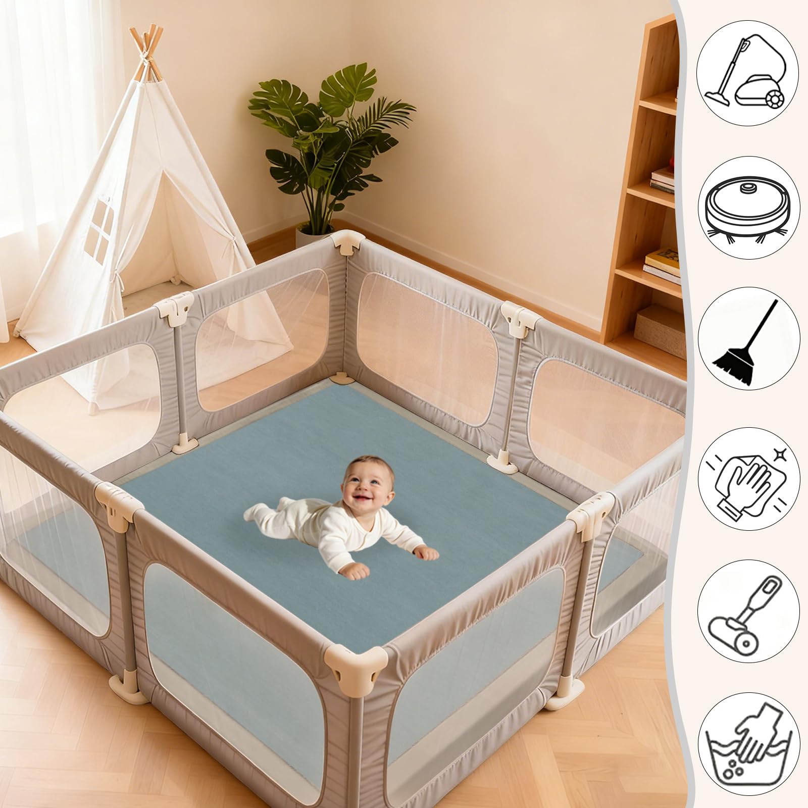 Tapis d'Éveil Antidérapant, 2 CM Épaisseur Tapis d’Éveil et Matelas pour Parc Bébé, Mousse Mémoire Haute Qualité pour Bébé et Enfant Tapis de Jeux, Cadeau bébé Bleu Gris 120 x 120cm