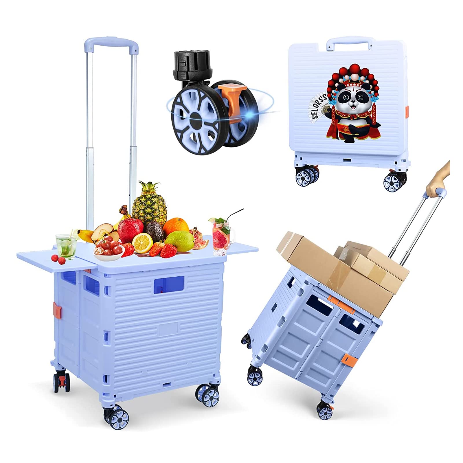 Folding Utility Cart Portable Rolling Crate Handcart with Magnetic Sliding Lid Telescoping Handle Heavy Duty Plastic Box Dolly 360°Swivel Wheels for Travel Shopping Move Office Teacher Use(Blue Pro)