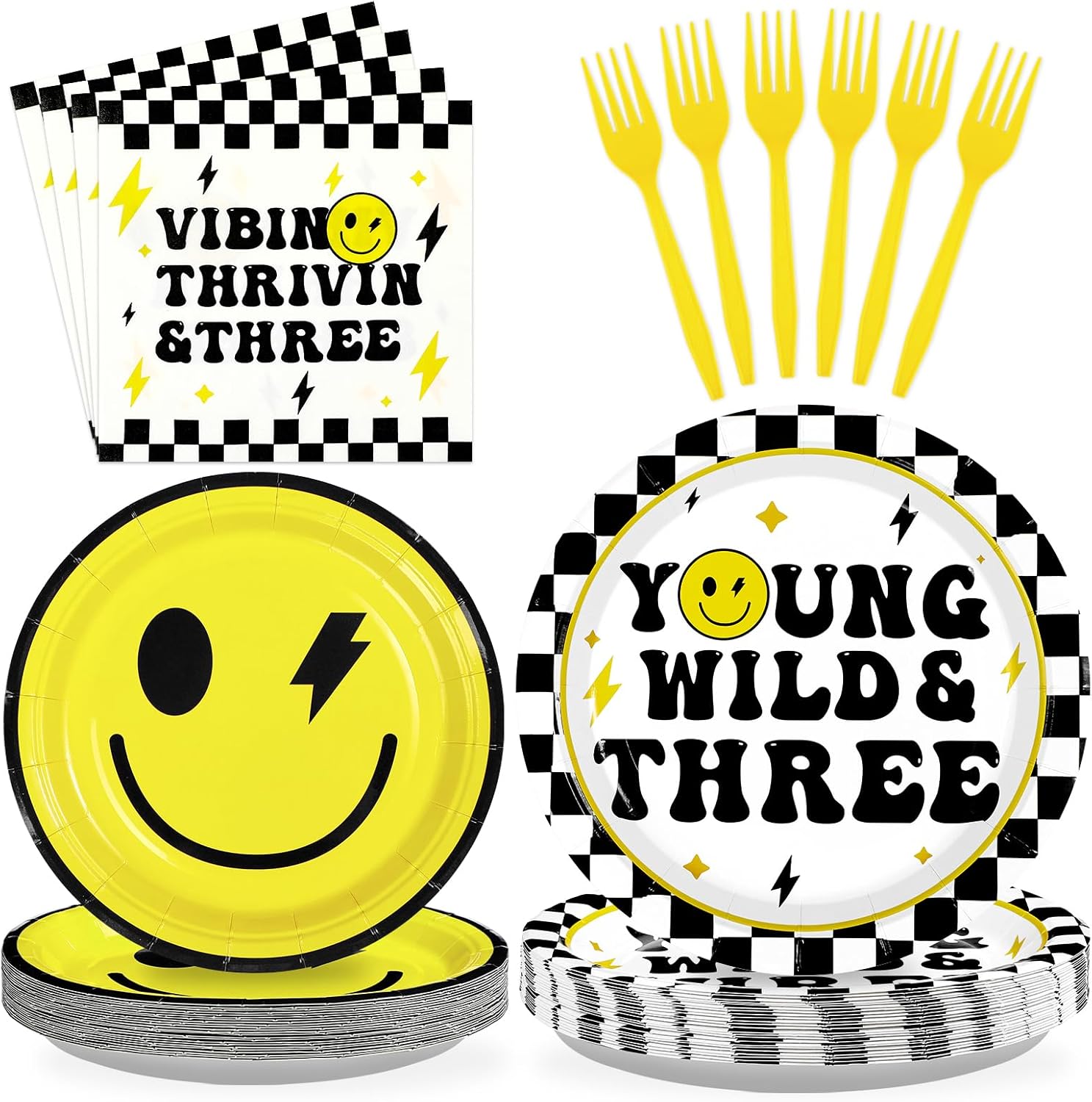 Grencian 96Pcs Young Wild and Three Birthday Party Supplies Yellow Smile Face Party Plates and Napkins Disposable Checkered Smile Face 3rd Tableware Set for Birthday Baby Shower Decorations Serves 24