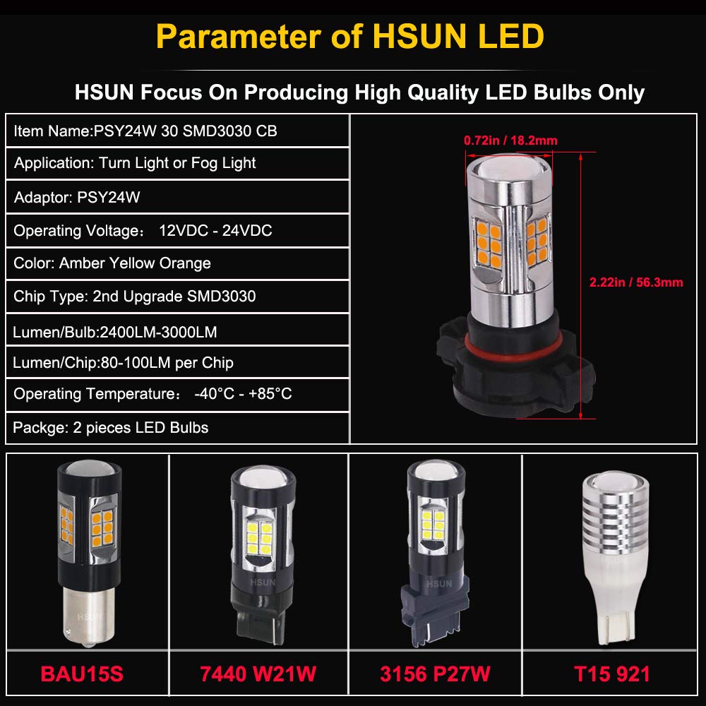 HSUN PSY24W - Bombillas LED, sistema Canbus integrado sin errores con chipsets 30LED-SMD3030, bombillas extremadamente brillantes, 12 V-24 V para luz antiniebla de coche, luz intermitente y más,