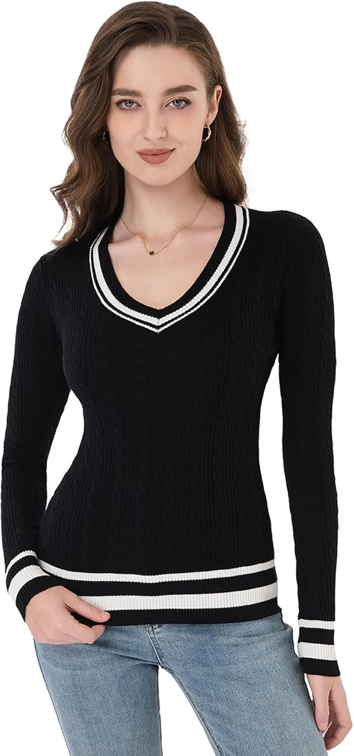 AmélieBoutik Women Casual V Neck Long Sleeve Preppy Sweater Trendy Striped Cable Knit Blouse Tops - Image 5