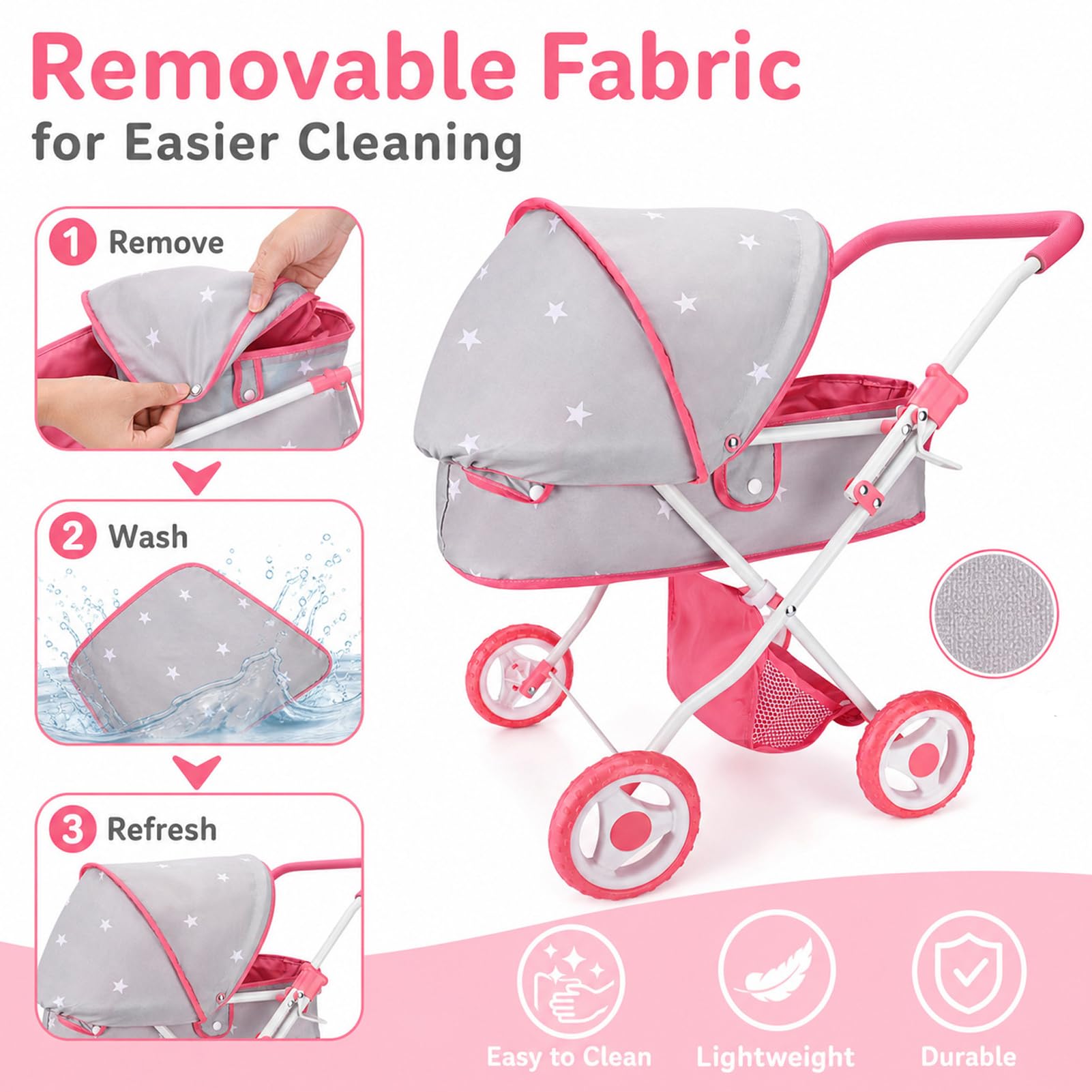 Bebamour Set passeggino 2 in 1 con culla rimovibile e giocattoli per bambini piccoli (grigio)