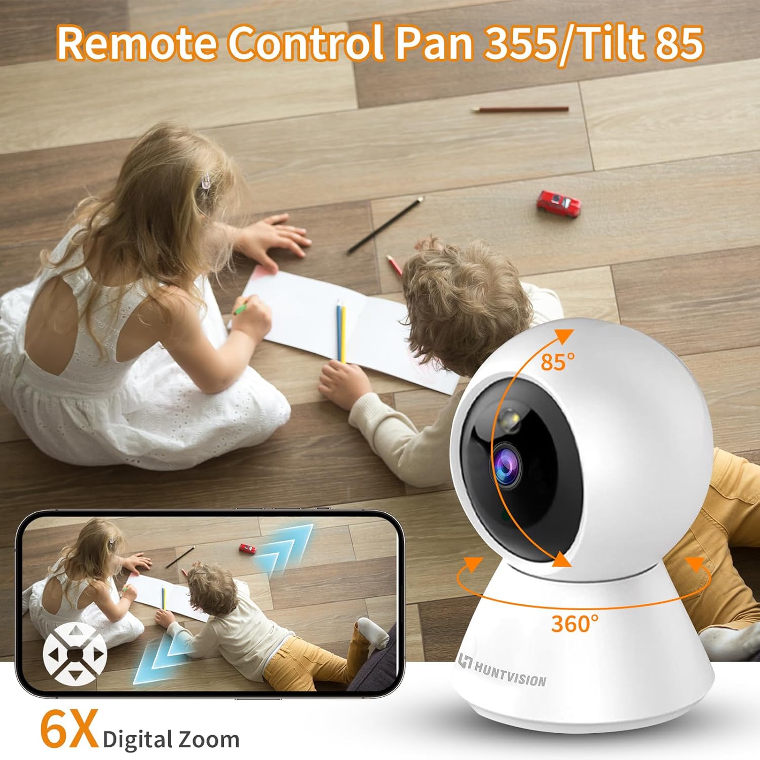 HuntVision E3-W camera demonstrating 360-degree pan and 85-degree tilt control, with children playing in the background.
